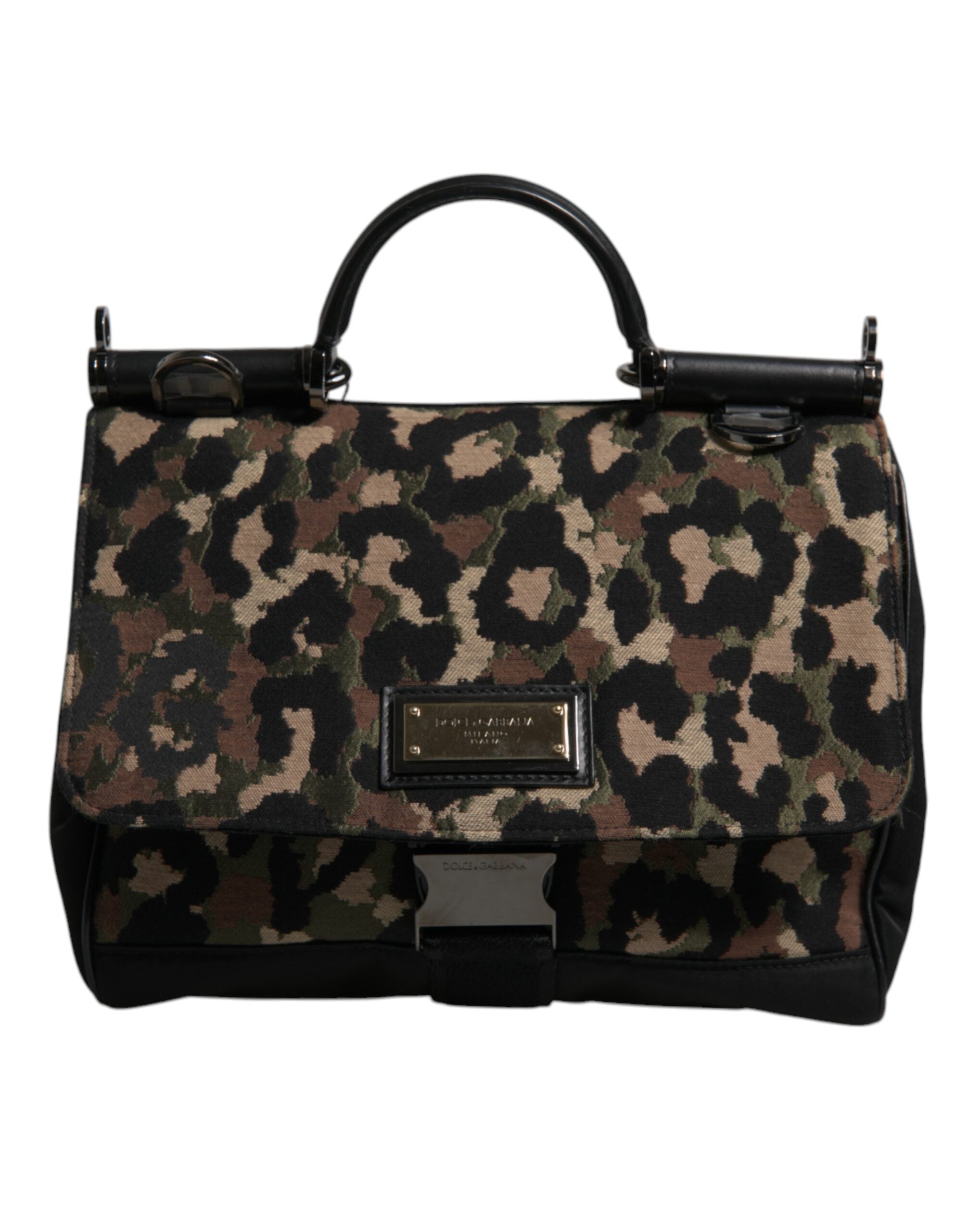Dolce & Gabbana Leopard Print Lacquard Nylon Sicily Tote Brown Bag