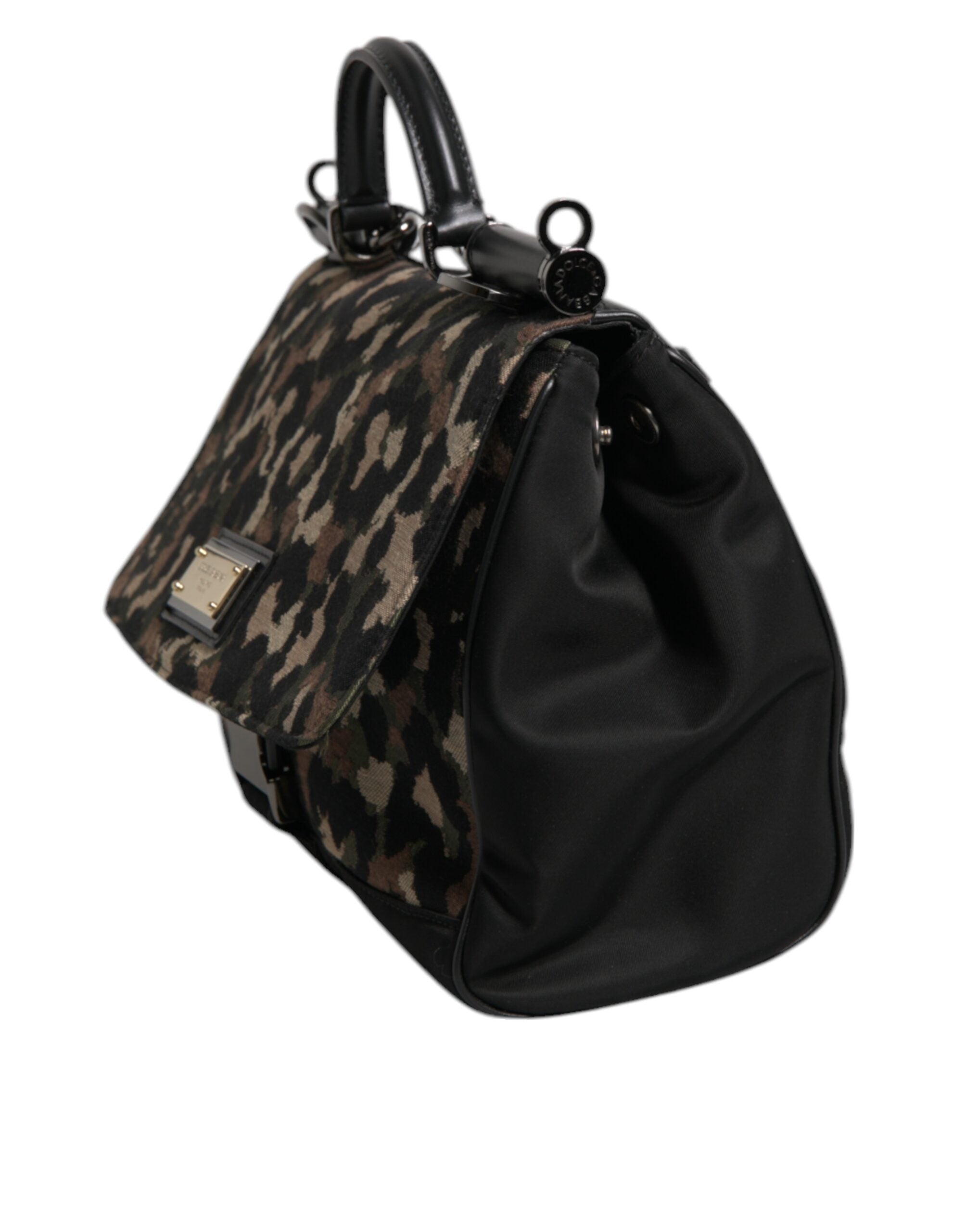 Dolce & Gabbana Leopard Print Lacquard Nylon Sicily Tote Brown Bag