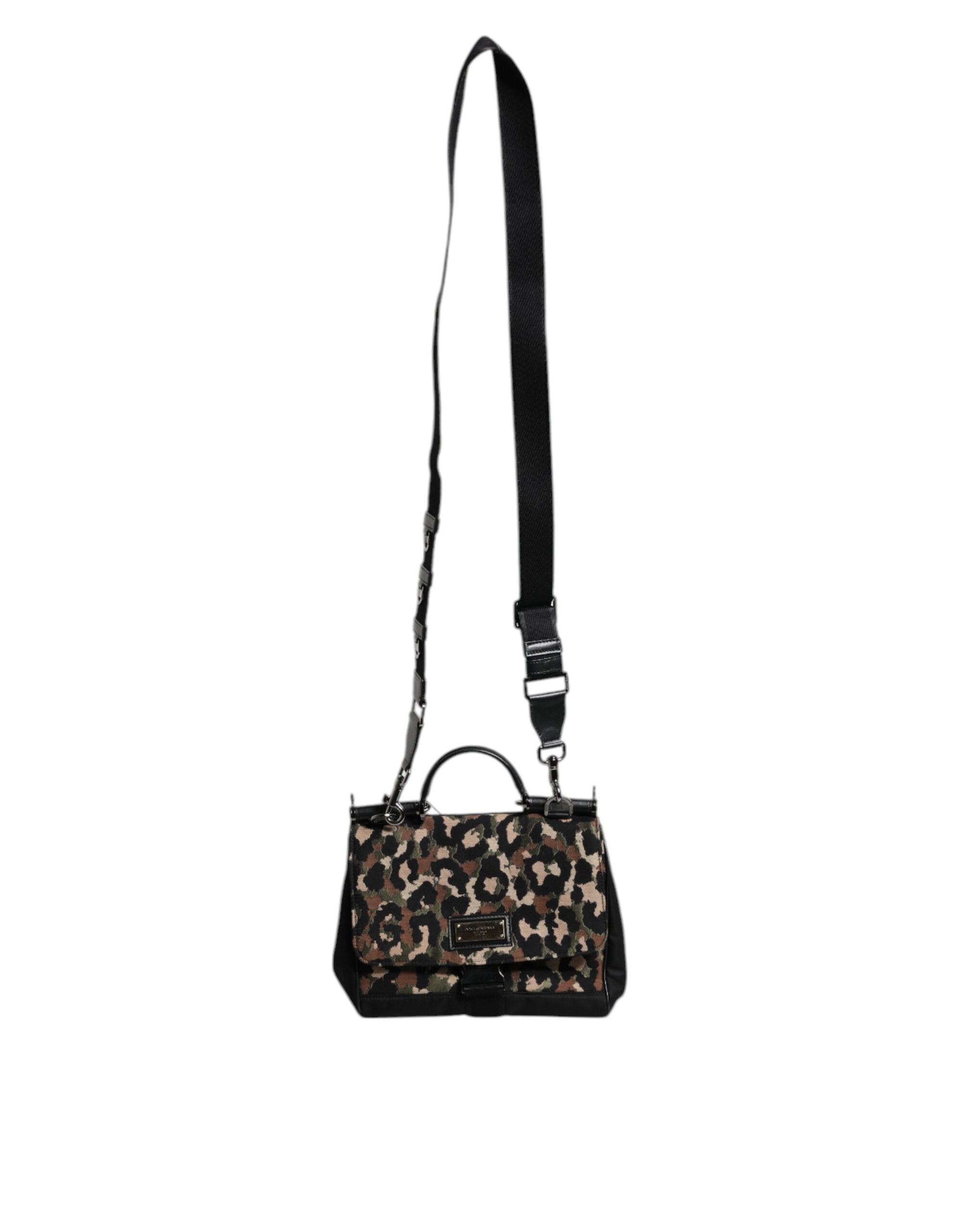 Dolce & Gabbana Leopard Print Lacquard Nylon Sicily Tote Brown Bag