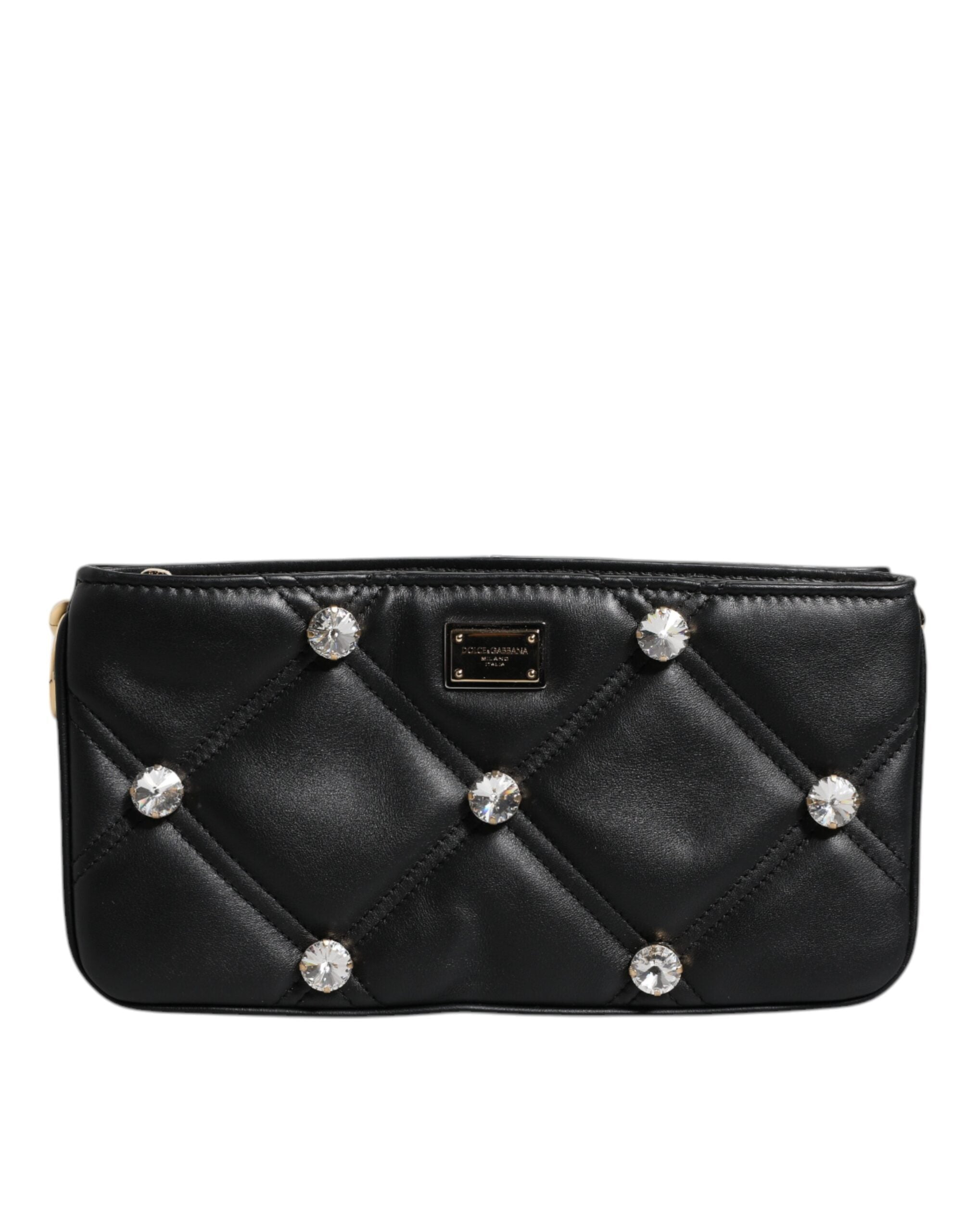 Dolce & Gabbana Leather Crystal Embellished Logo Shoulder Black Bag