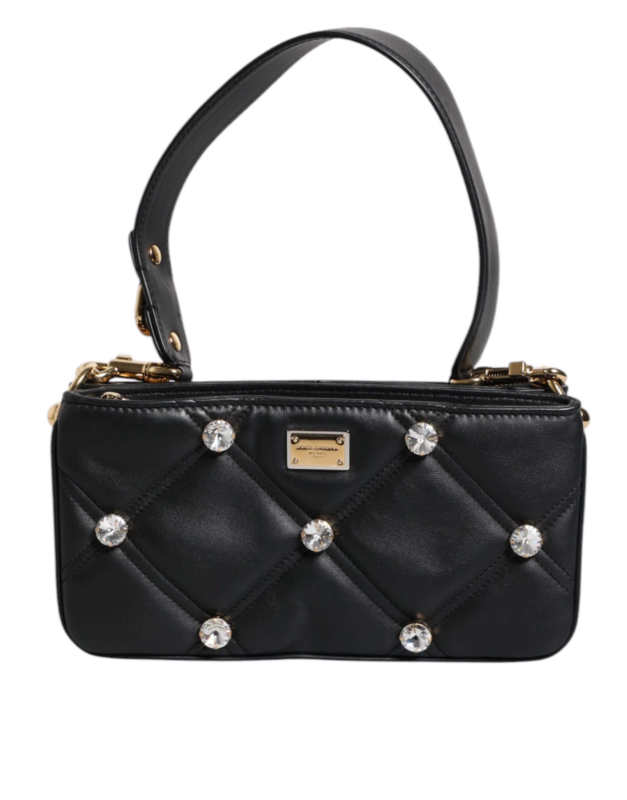 Dolce & Gabbana Leather Crystal Embellished Logo Shoulder Black Bag