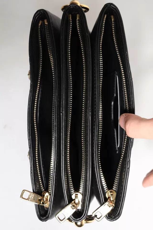 Dolce & Gabbana Leather Crystal Embellished Logo Shoulder Black Bag
