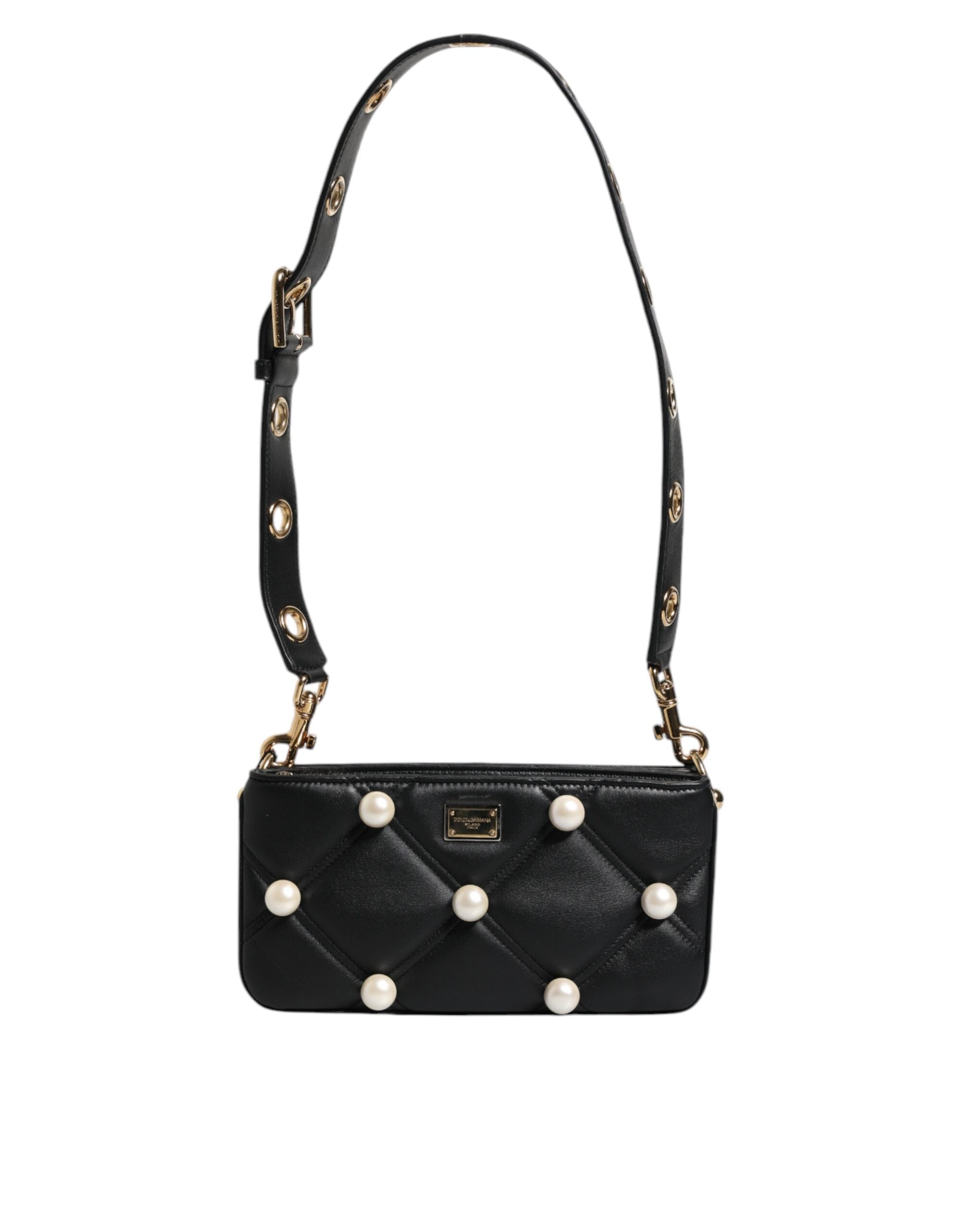 Dolce & Gabbana Leather Pearl Embellished Logo Shoulder Black Bag