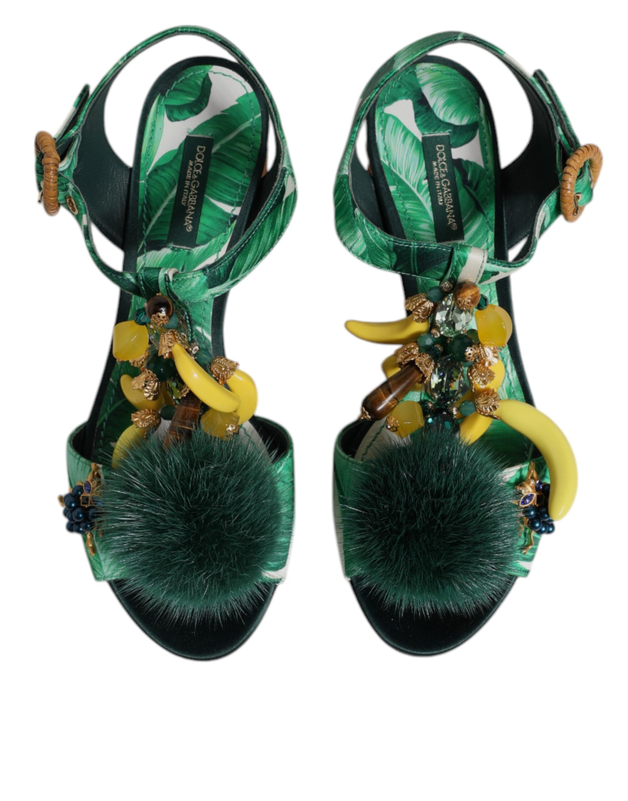 Dolce & Gabbana Crystal Fur Embellished Sandals Green Shoes