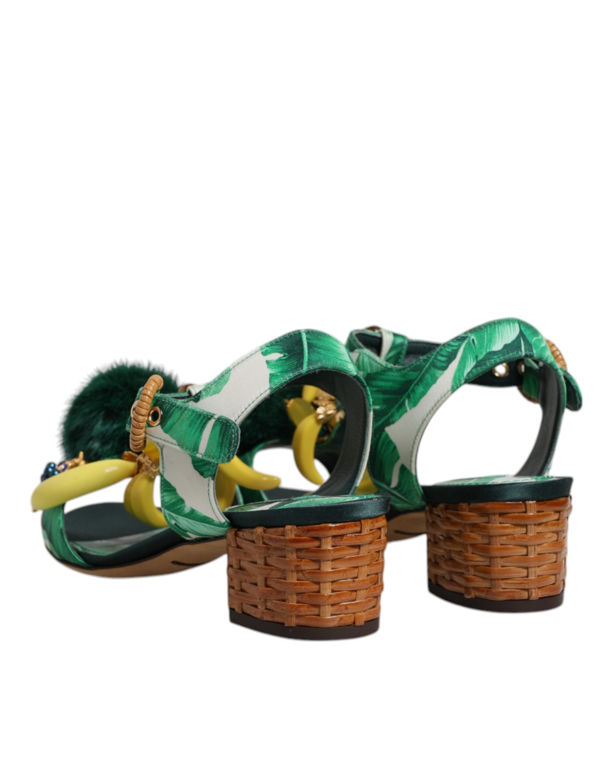 Dolce & Gabbana Crystal Fur Embellished Sandals Green Shoes