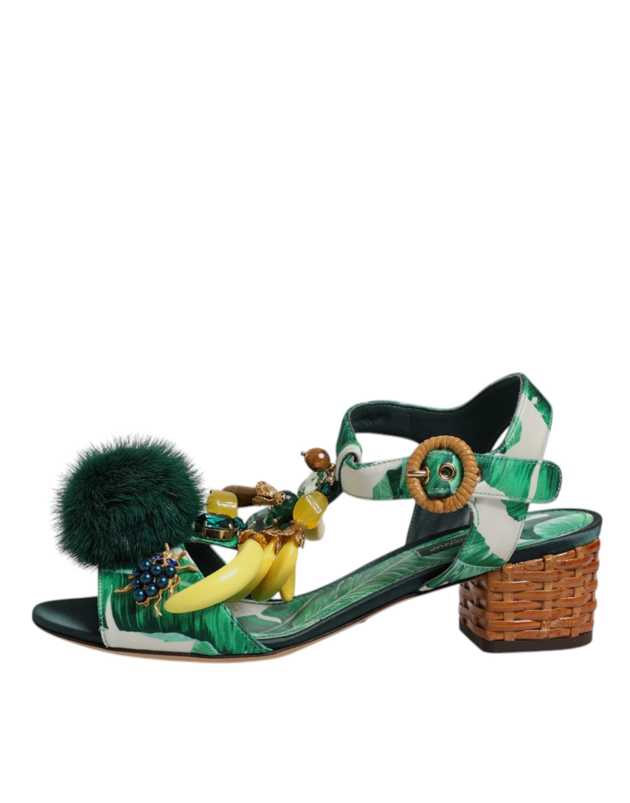 Dolce & Gabbana Crystal Fur Embellished Sandals Green Shoes
