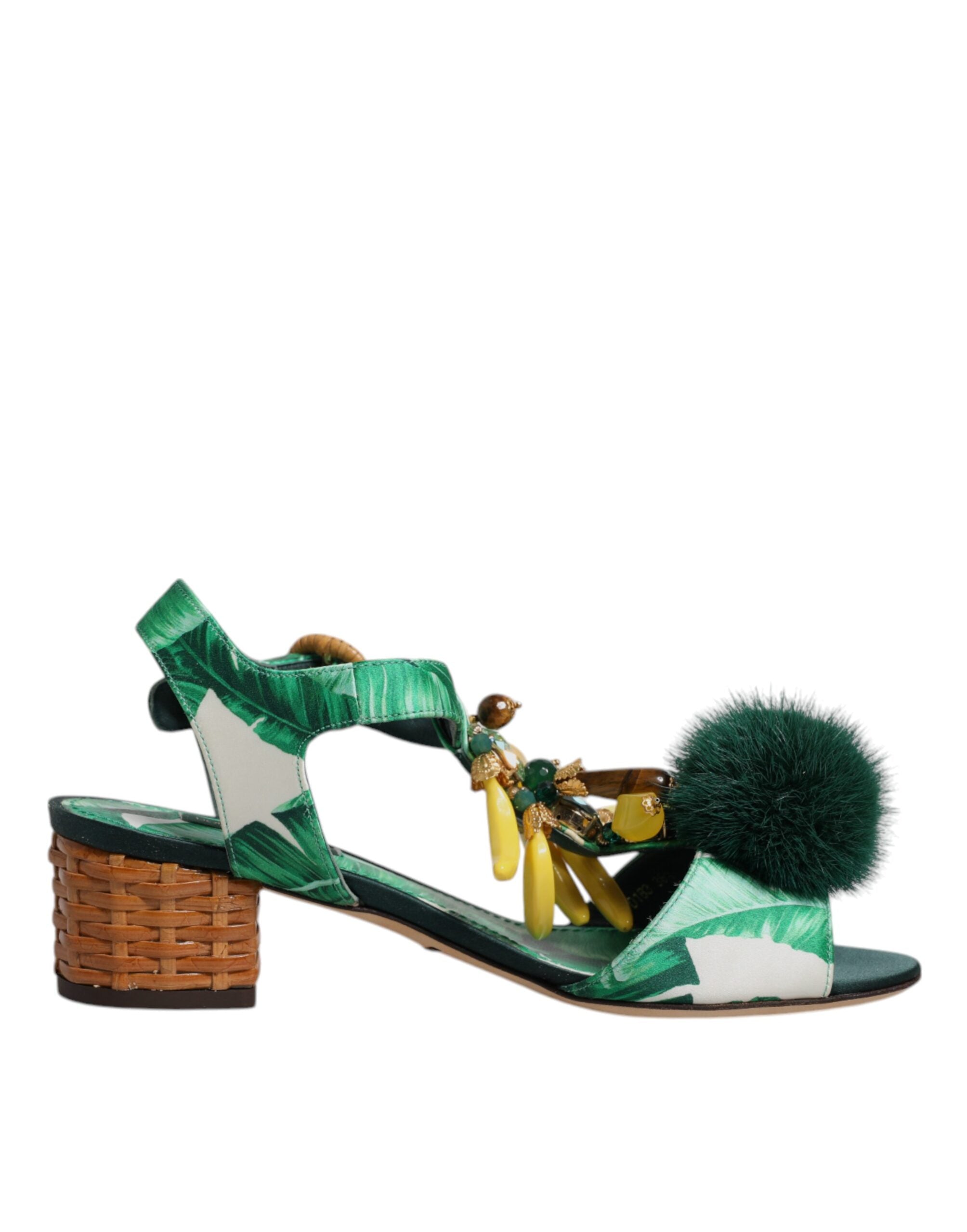 Dolce & Gabbana Crystal Fur Embellished Sandals Green Shoes