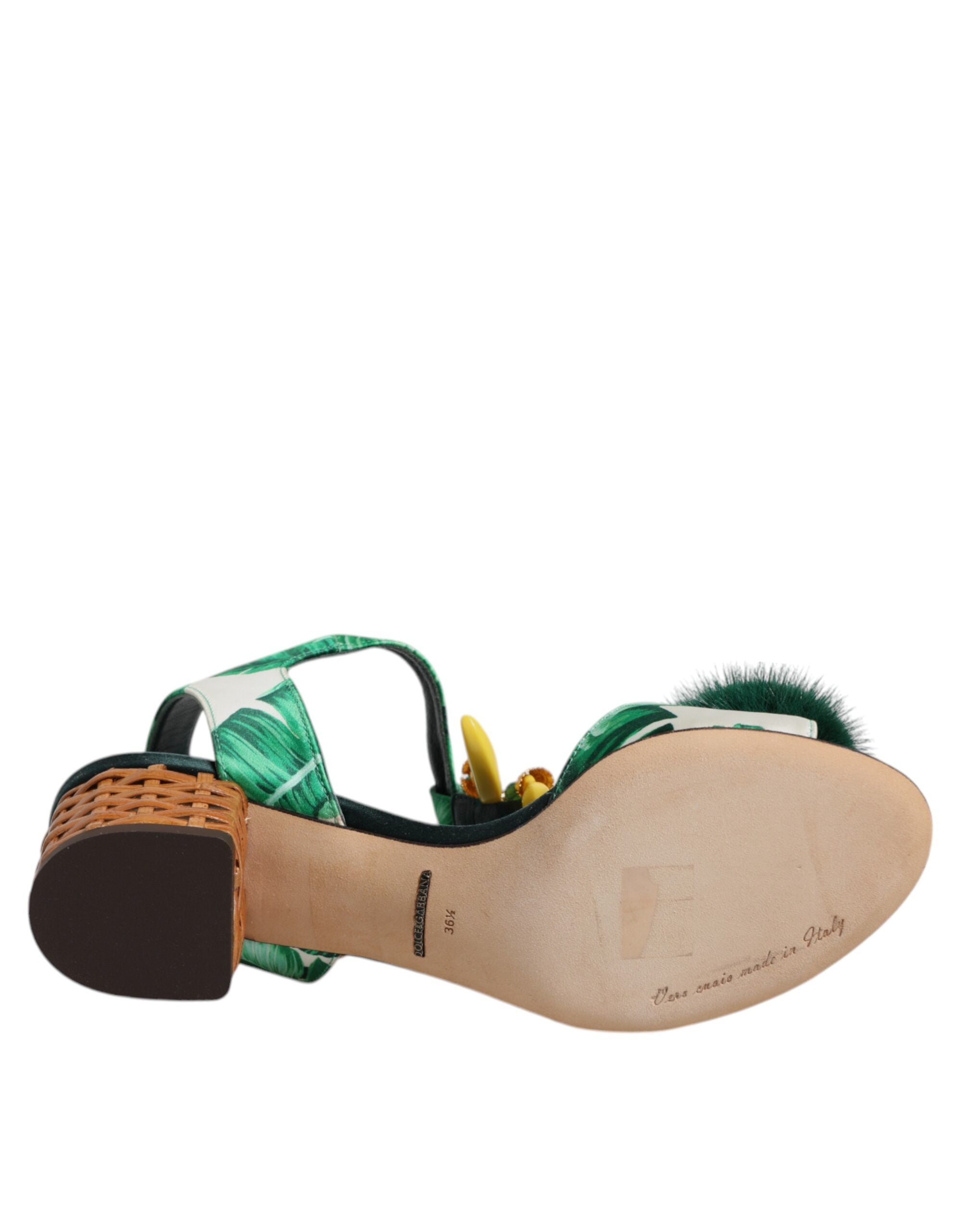 Dolce & Gabbana Crystal Fur Embellished Sandals Green Shoes