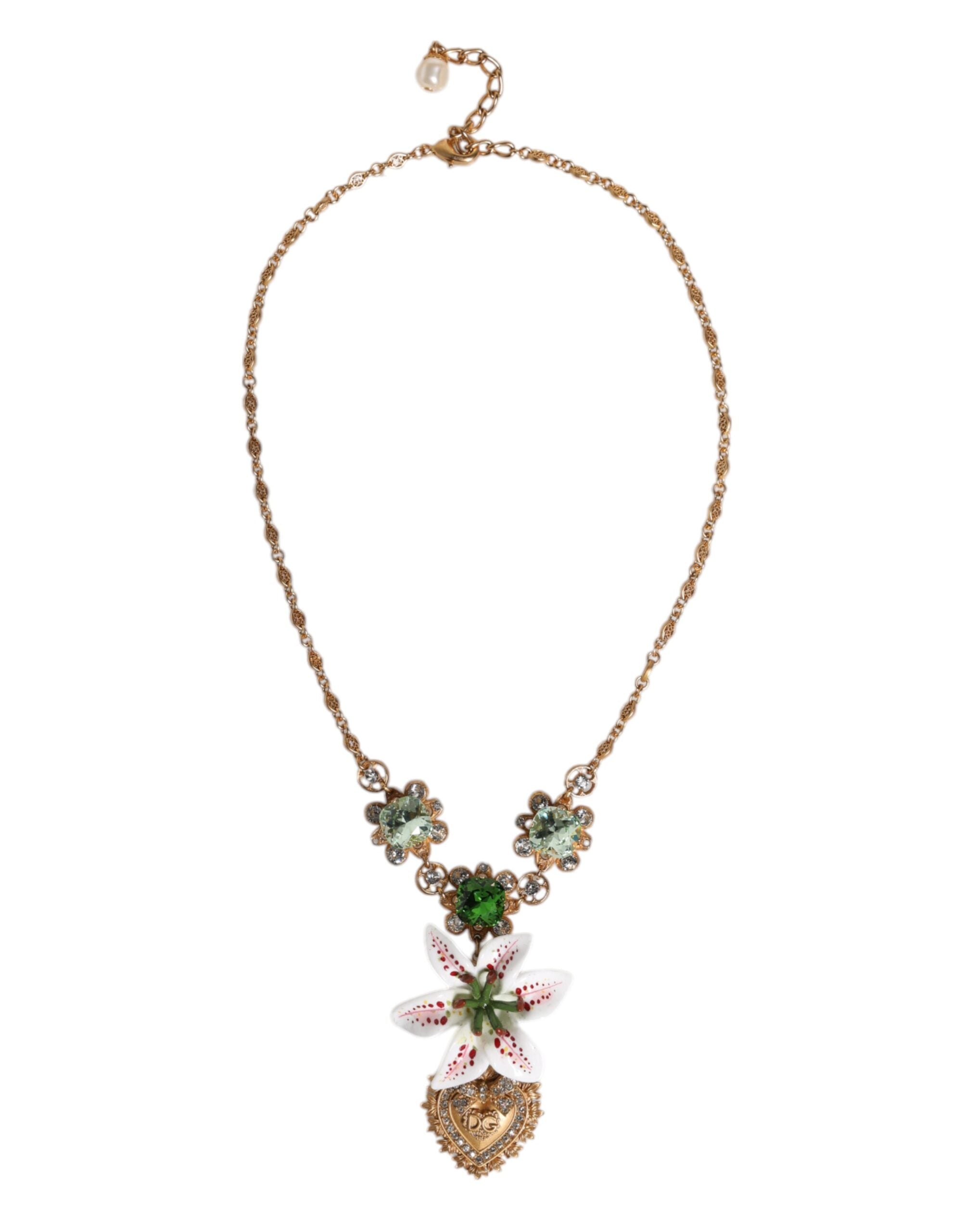 Dolce & Gabbana Brass Lily Crystal Sacred Heart Pendant Gold Necklace