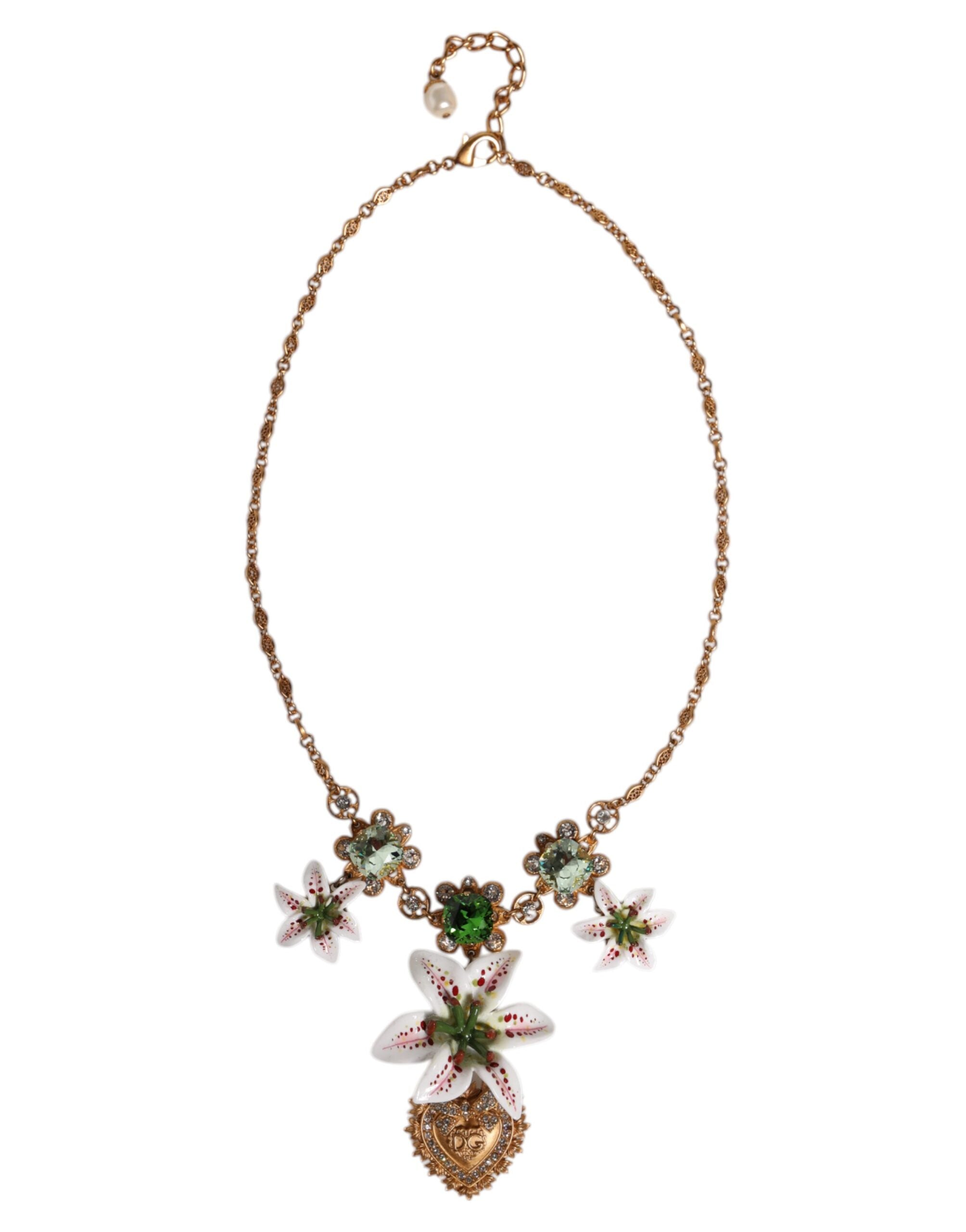 Dolce & Gabbana Brass Lily Crystal Sacred Heart Pendant Gold Necklace