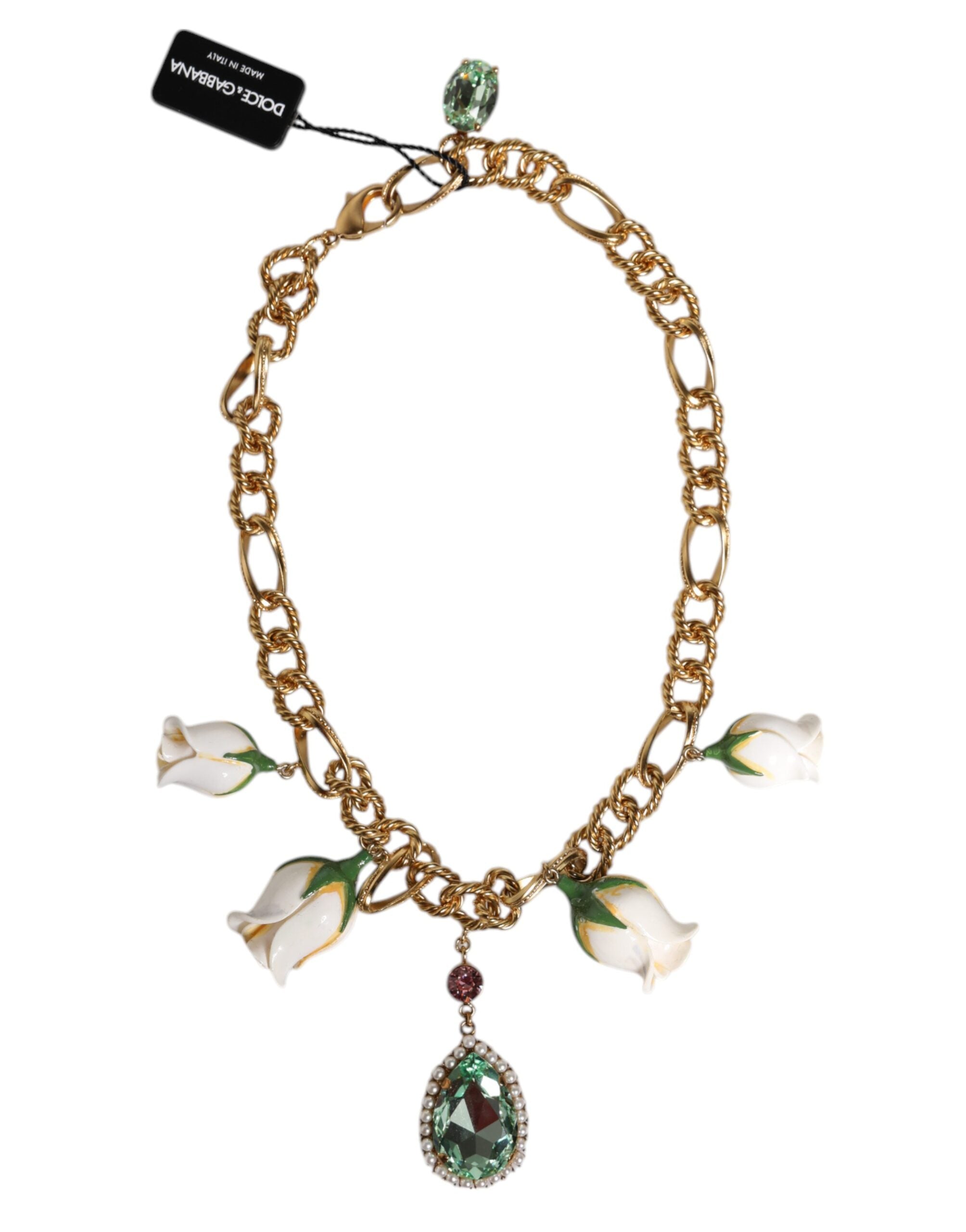 Dolce & Gabbana Brass Shorts Chain Flower Crystal Pendant Gold Necklace