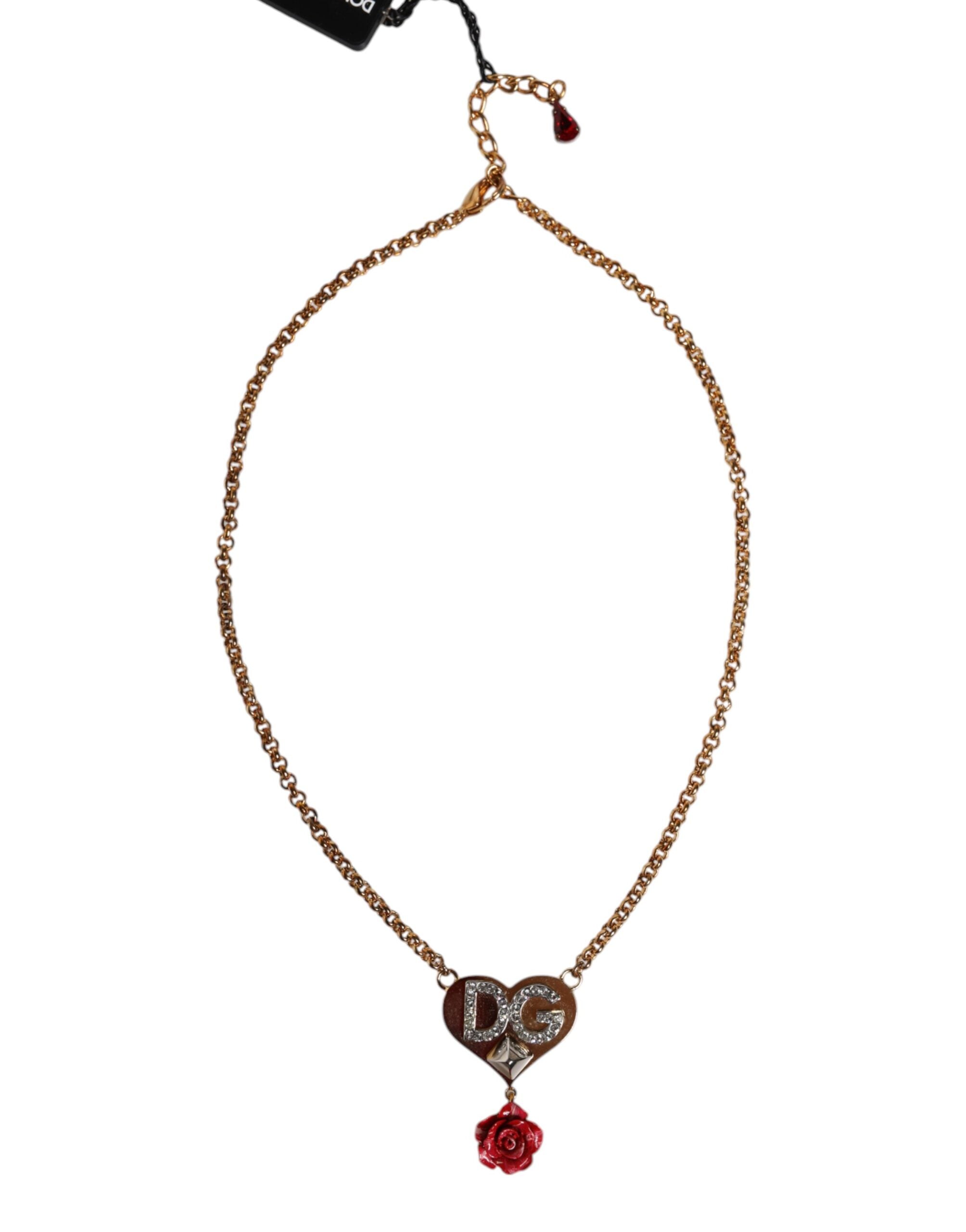 Dolce & Gabbana Brass Cuore Heart Rose Crystal Embellished Gold Necklace