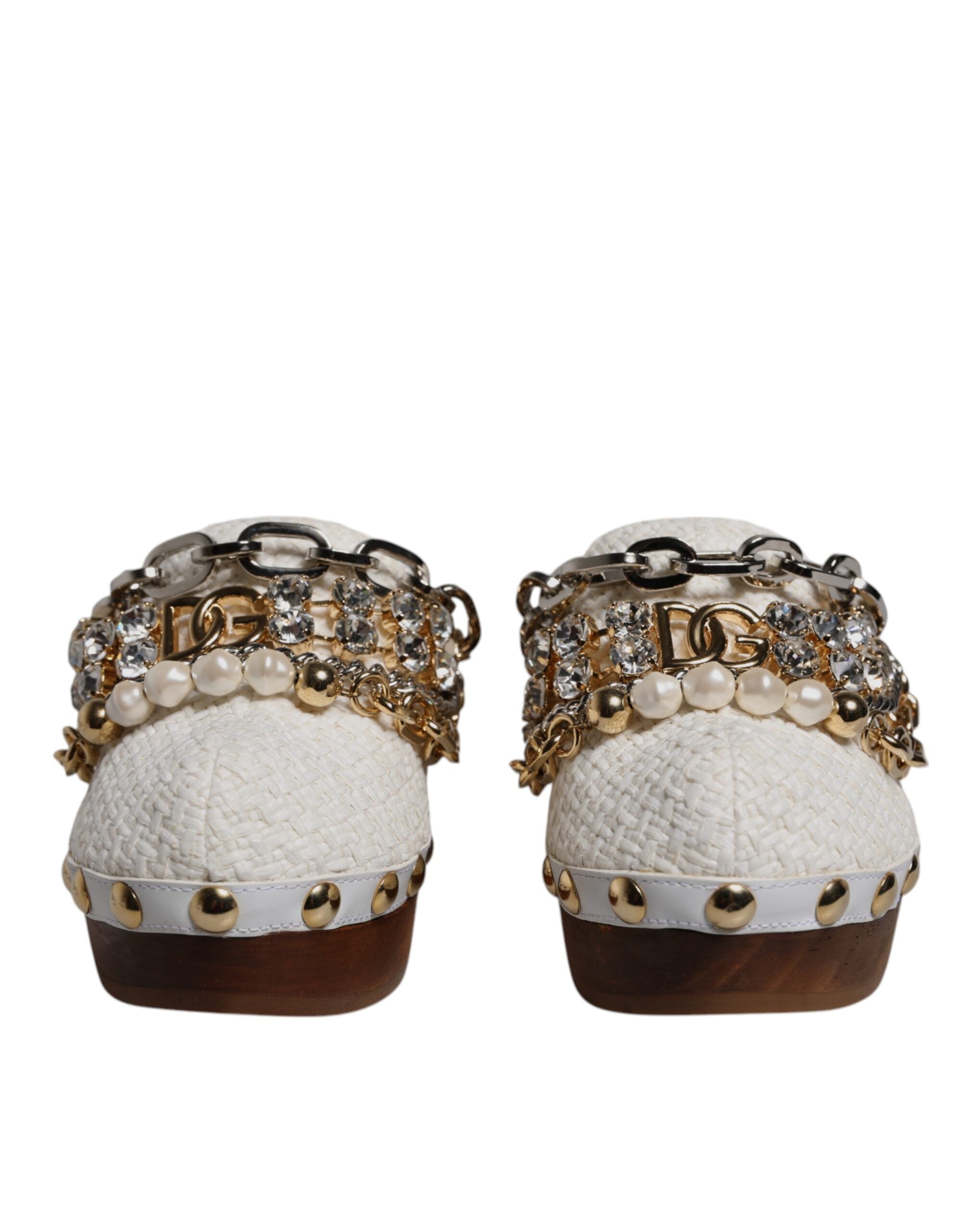 Dolce & Gabbana White Raffia Clogs Bejeweled Chain Sandals