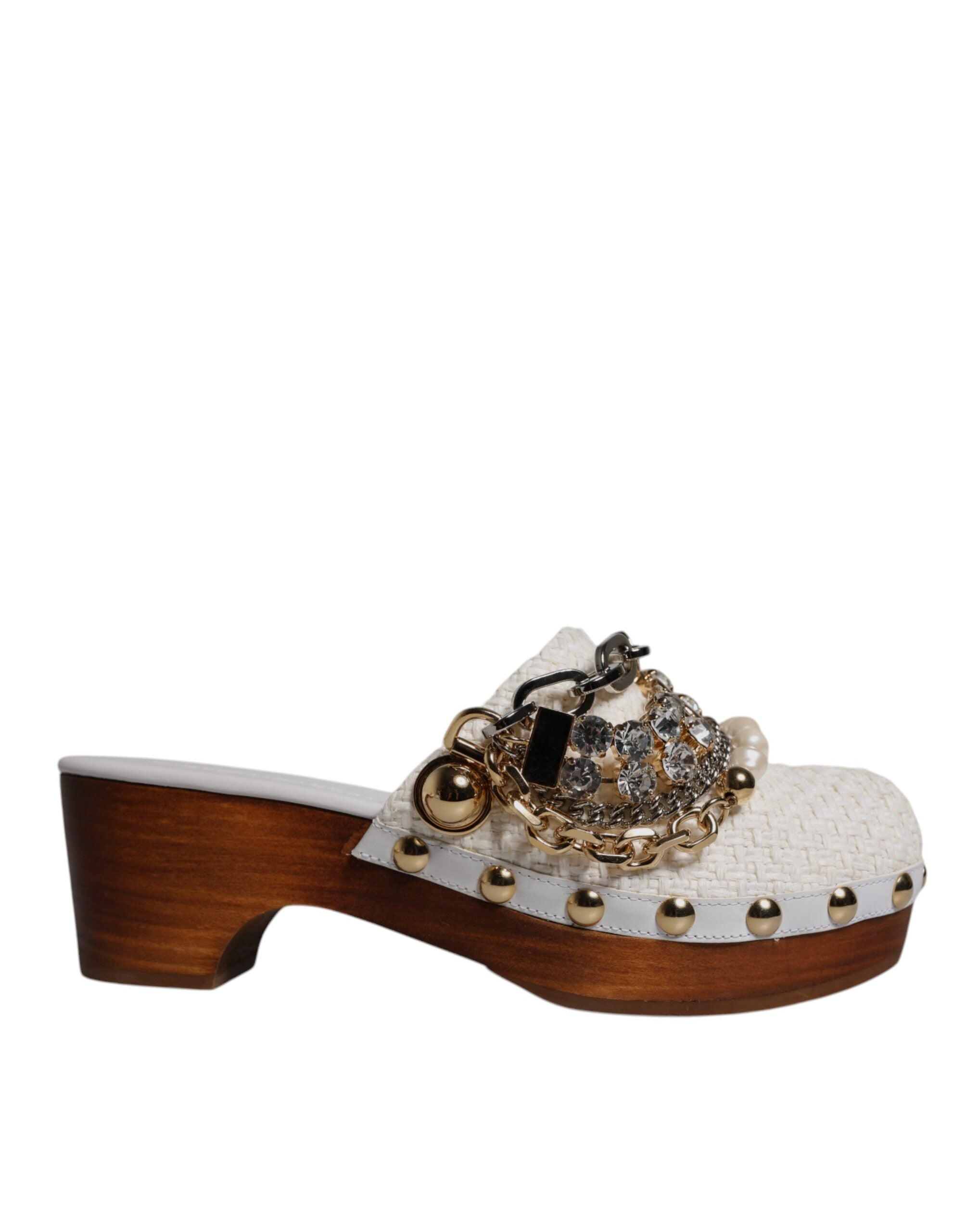 Dolce & Gabbana White Raffia Clogs Bejeweled Chain Sandals