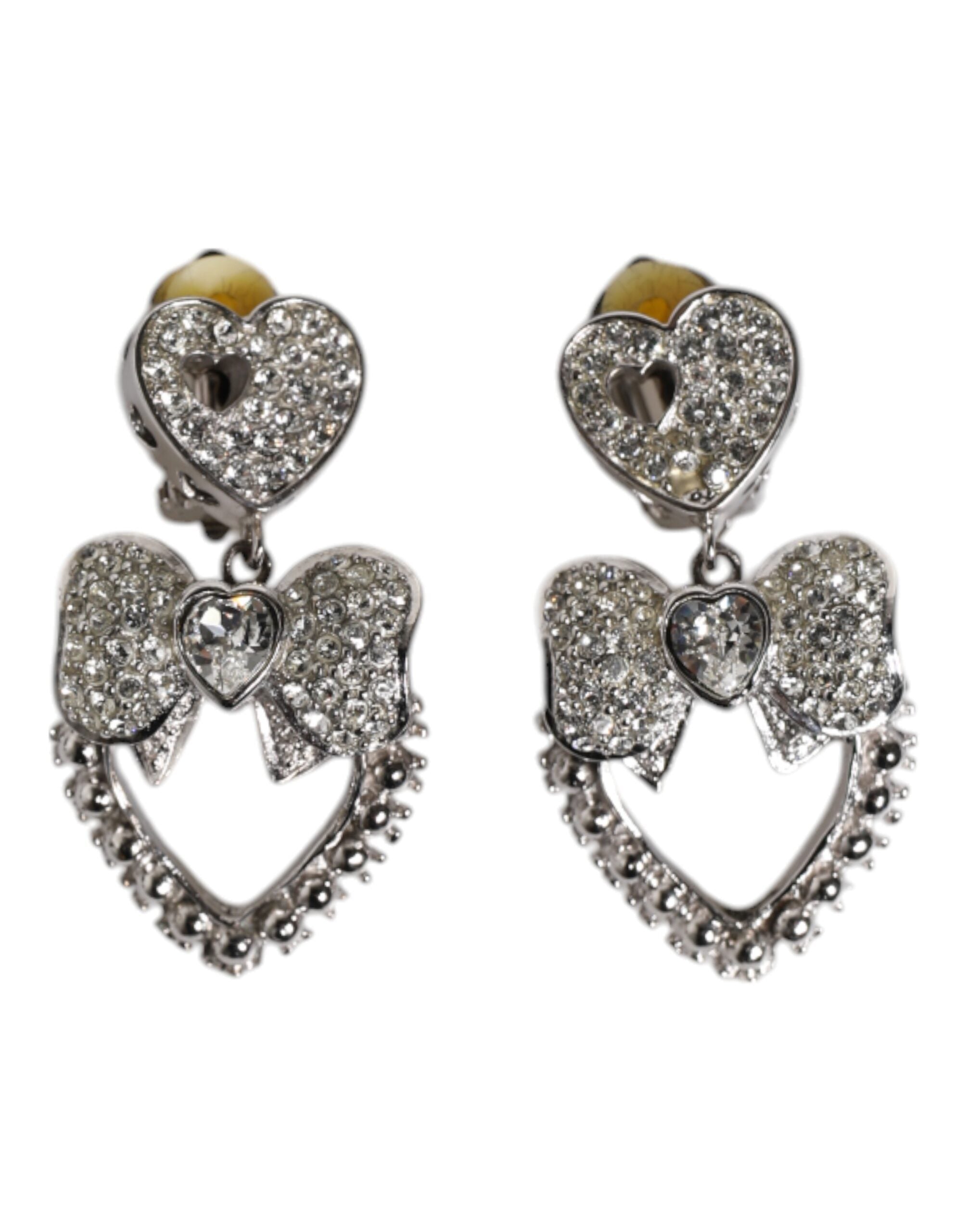 Dolce & Gabbana Silver Heart Bow Rhinestones Dangle Clip On Earrings