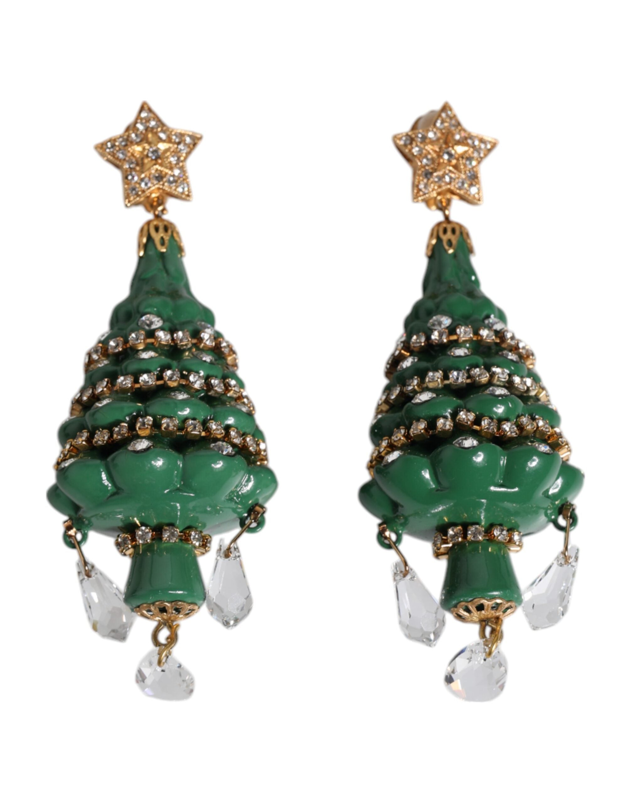 Dolce & Gabbana Green Enamel Christmas Tree Crystal Dangling Earrings
