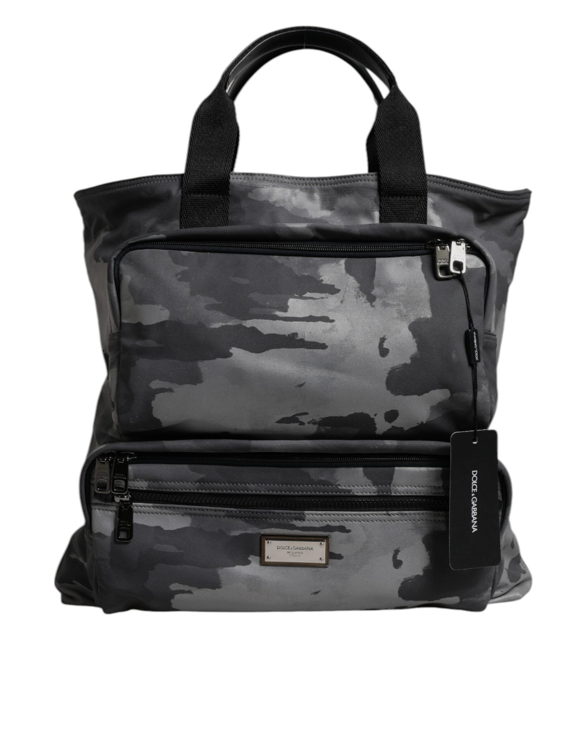 Dolce & Gabbana Gray Cotton Camo Multiple Compartments Tote Bag