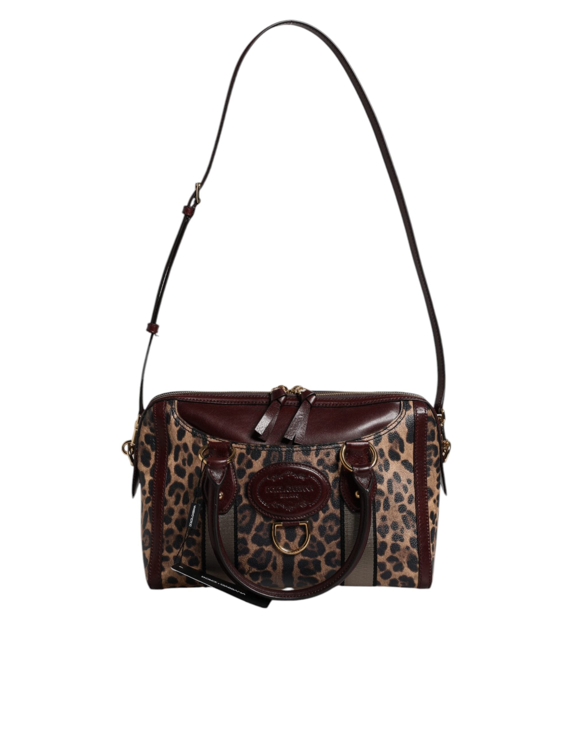 Dolce & Gabbana Brown Leather Leopard Shoulder Strap Duffle Bag