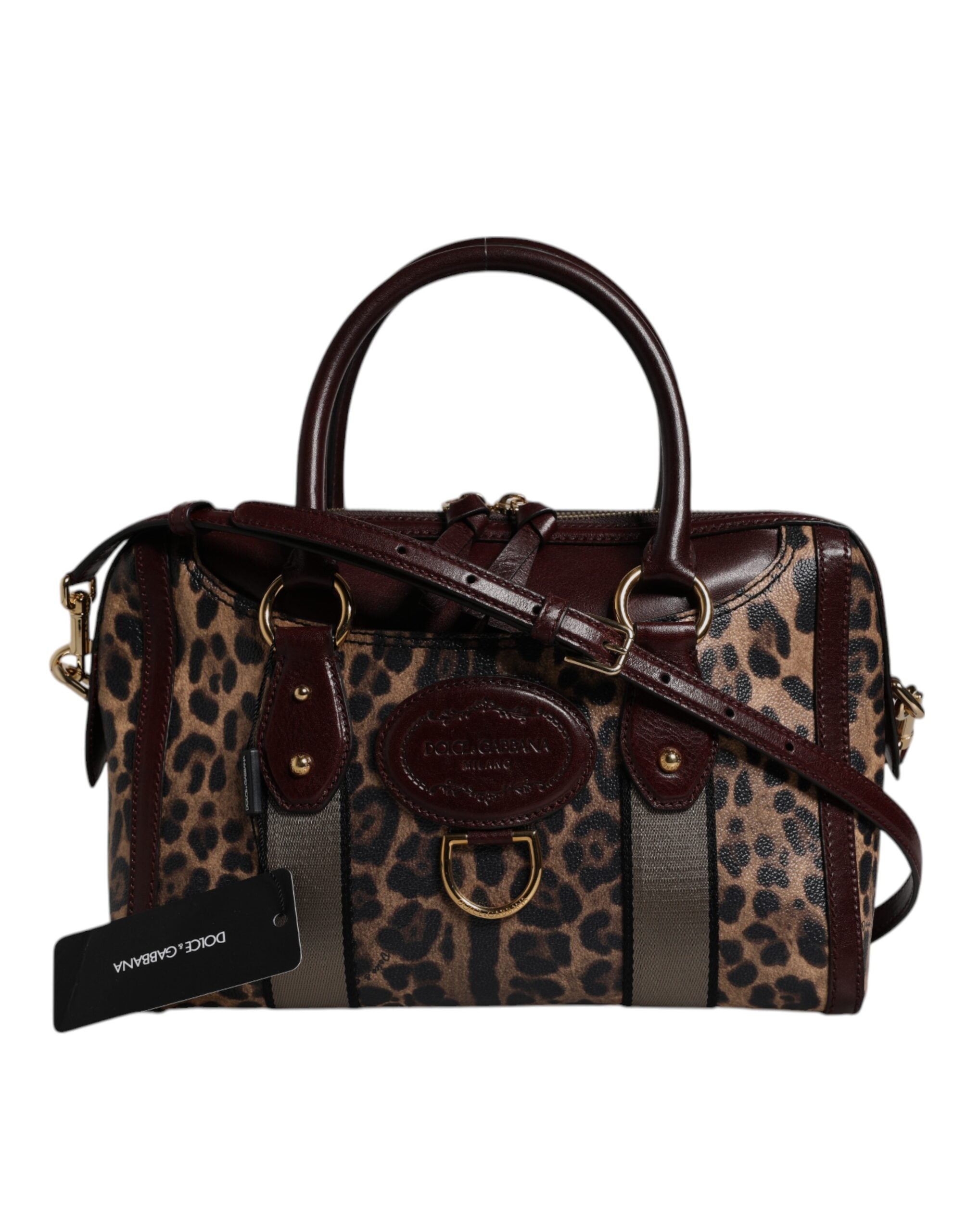 Dolce & Gabbana Brown Leather Leopard Shoulder Strap Duffle Bag