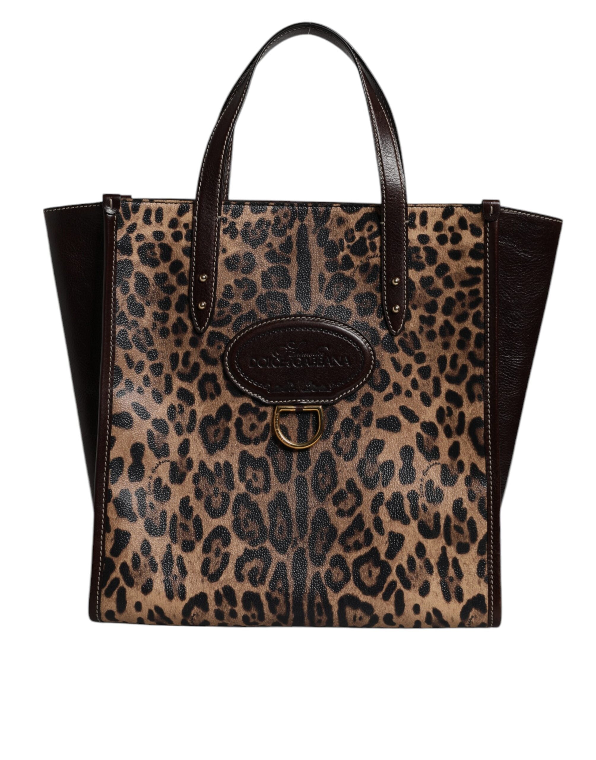 Dolce & Gabbana Brown Leather Leopard Shoulder Strap Tote Bag