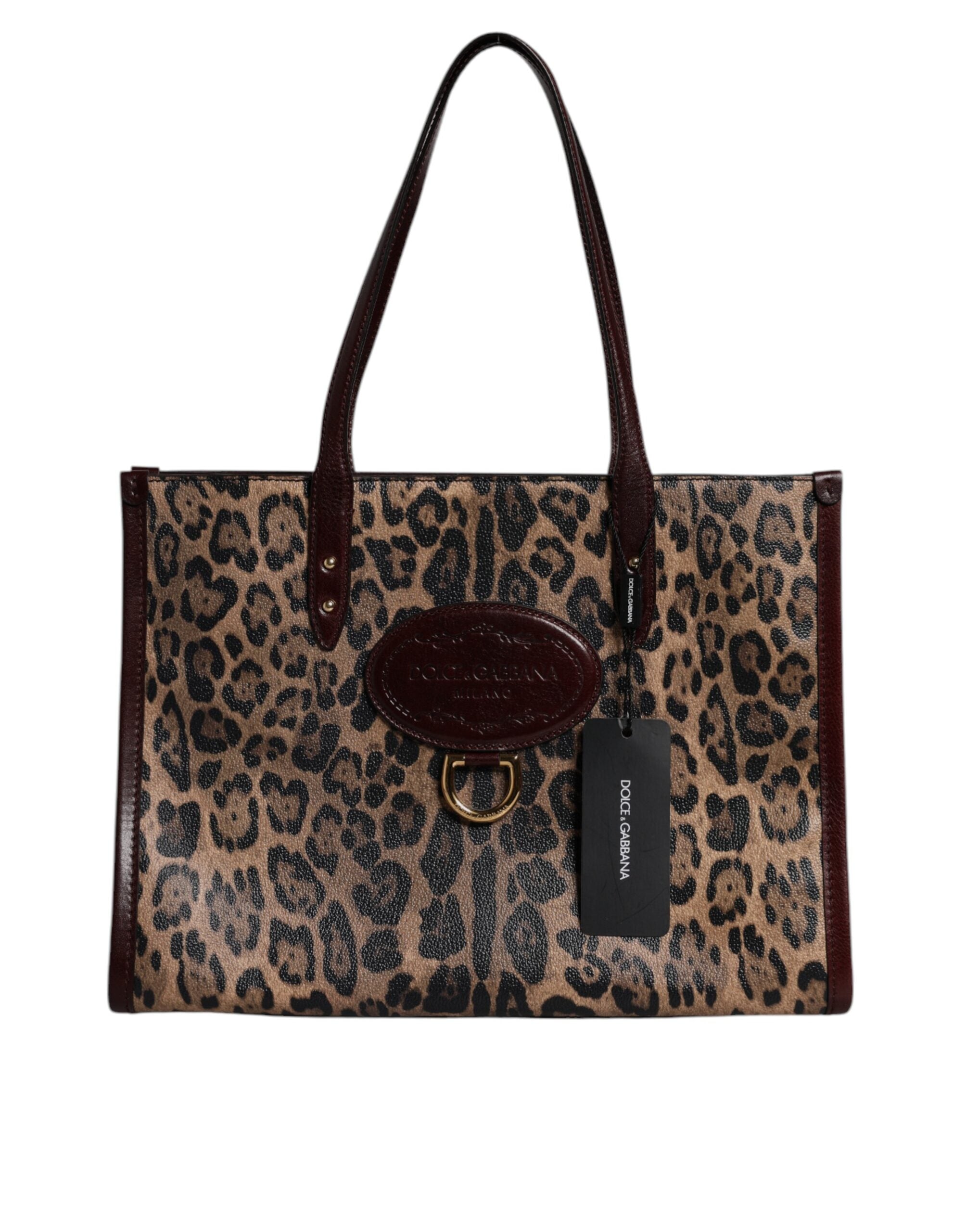 Dolce & Gabbana Brown Leather Leopard Shoulder Strap Tote Bag