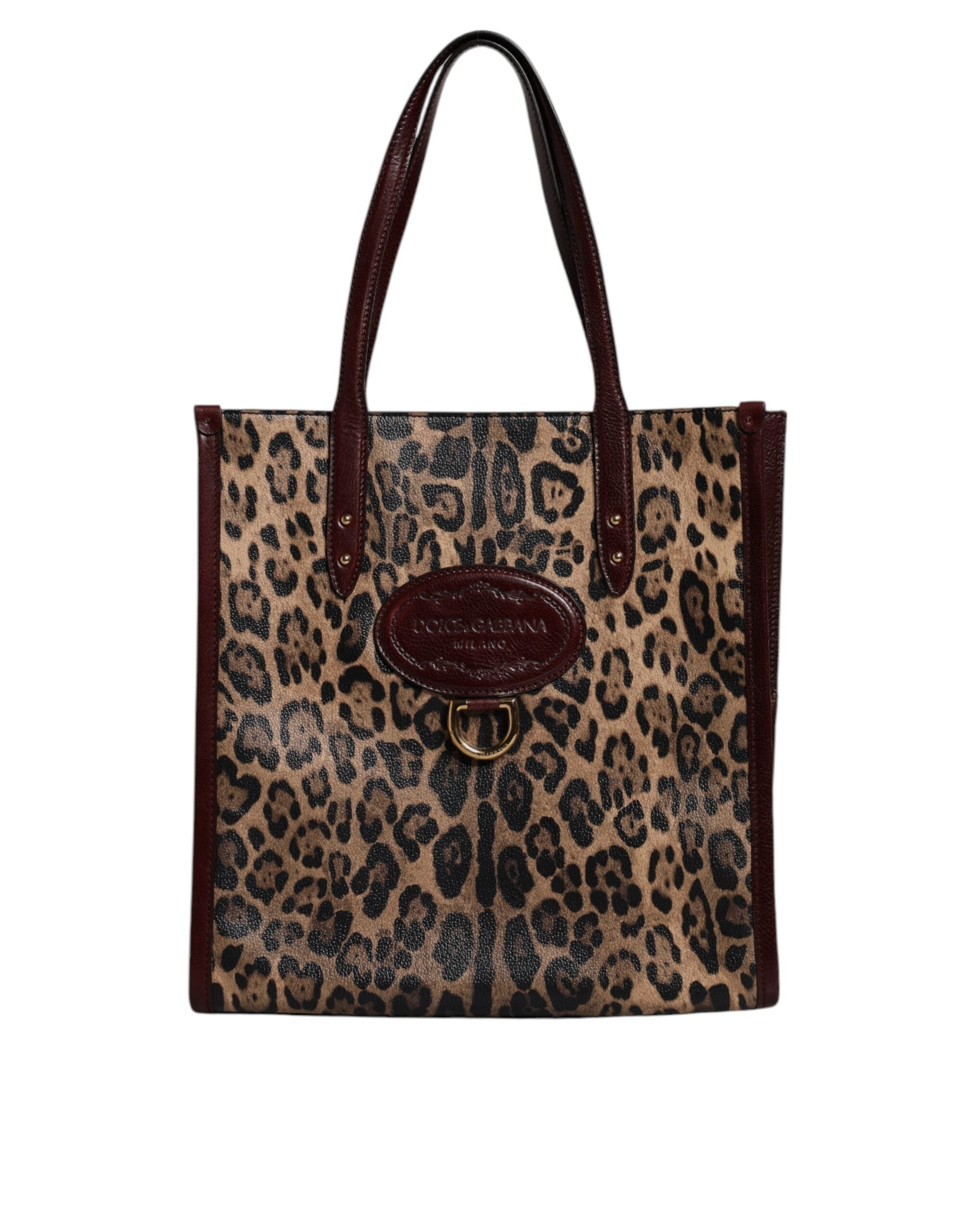 Dolce & Gabbana Brown Leather Leopard Shoulder Strap Tote Bag