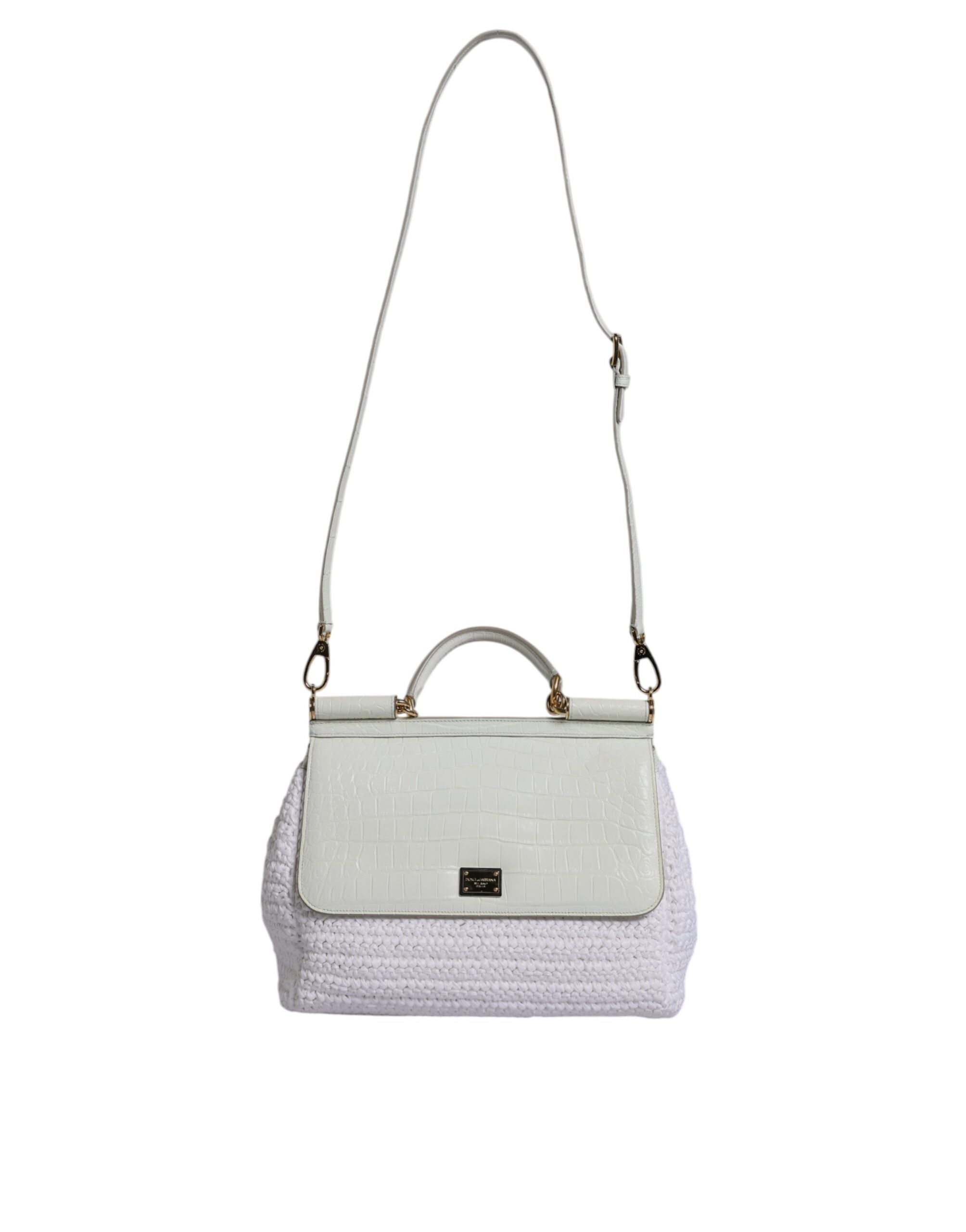 Dolce & Gabbana White Leather Rafia Top Handle Crossbody Bag