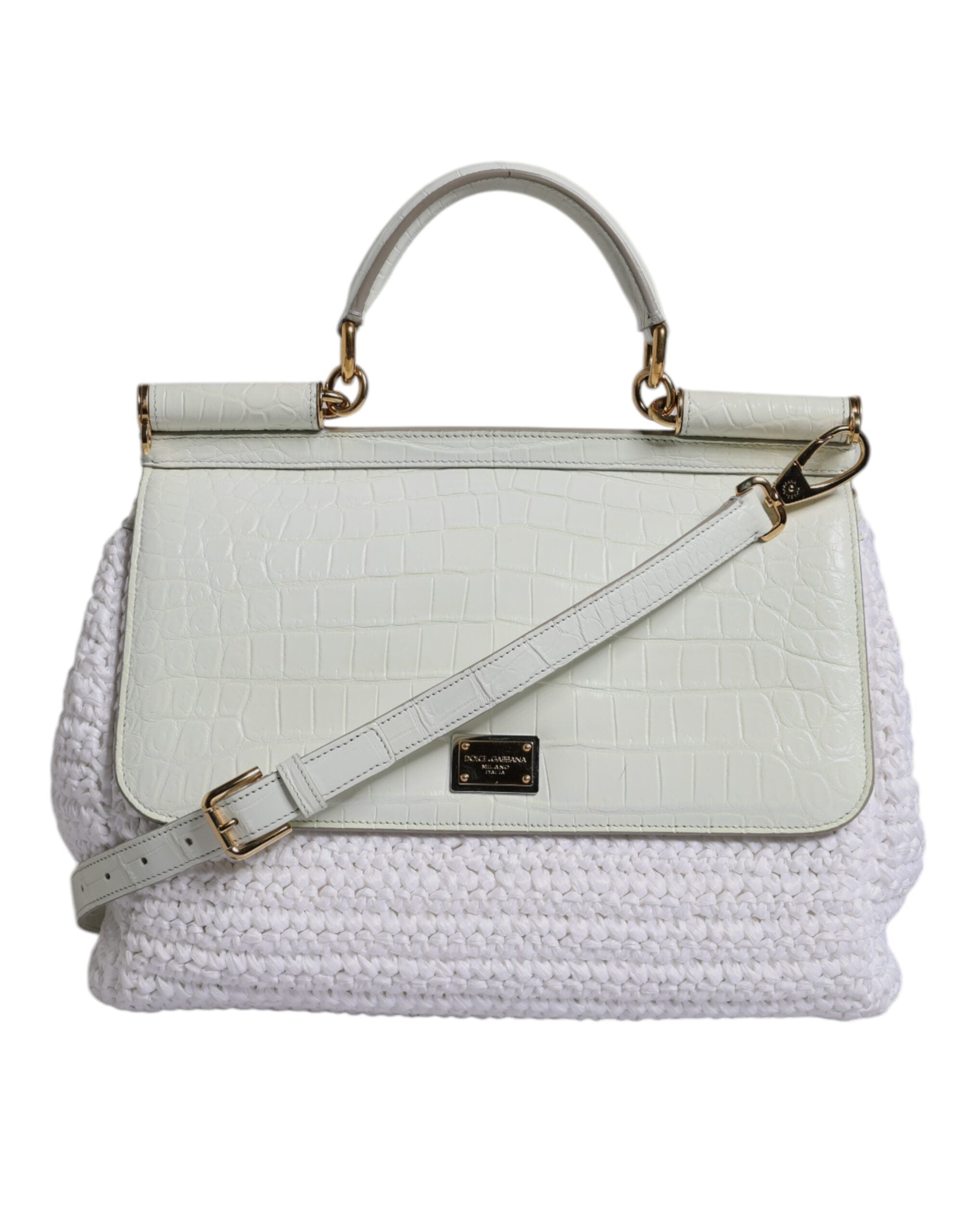 Dolce & Gabbana White Leather Rafia Top Handle Crossbody Bag