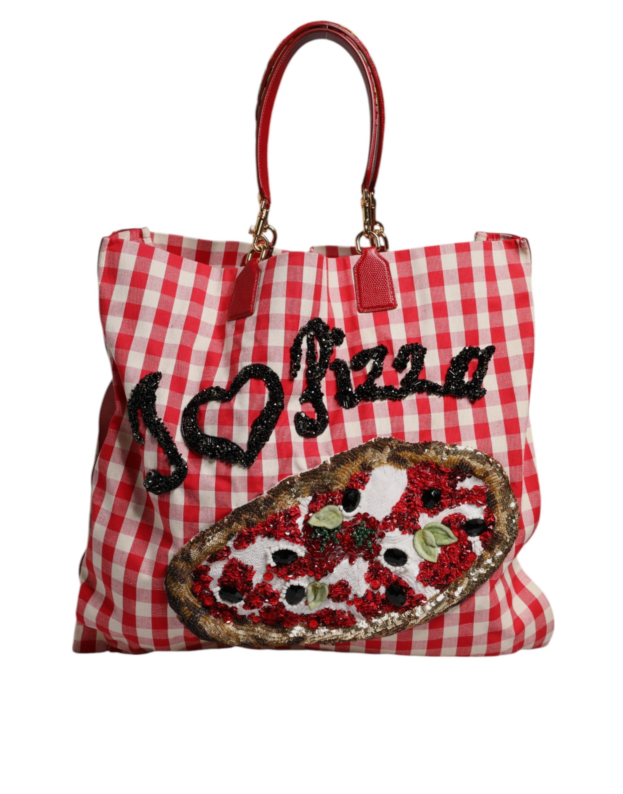 Dolce & Gabbana Red Cotton Checkered Embellished Shopping Tote Bag