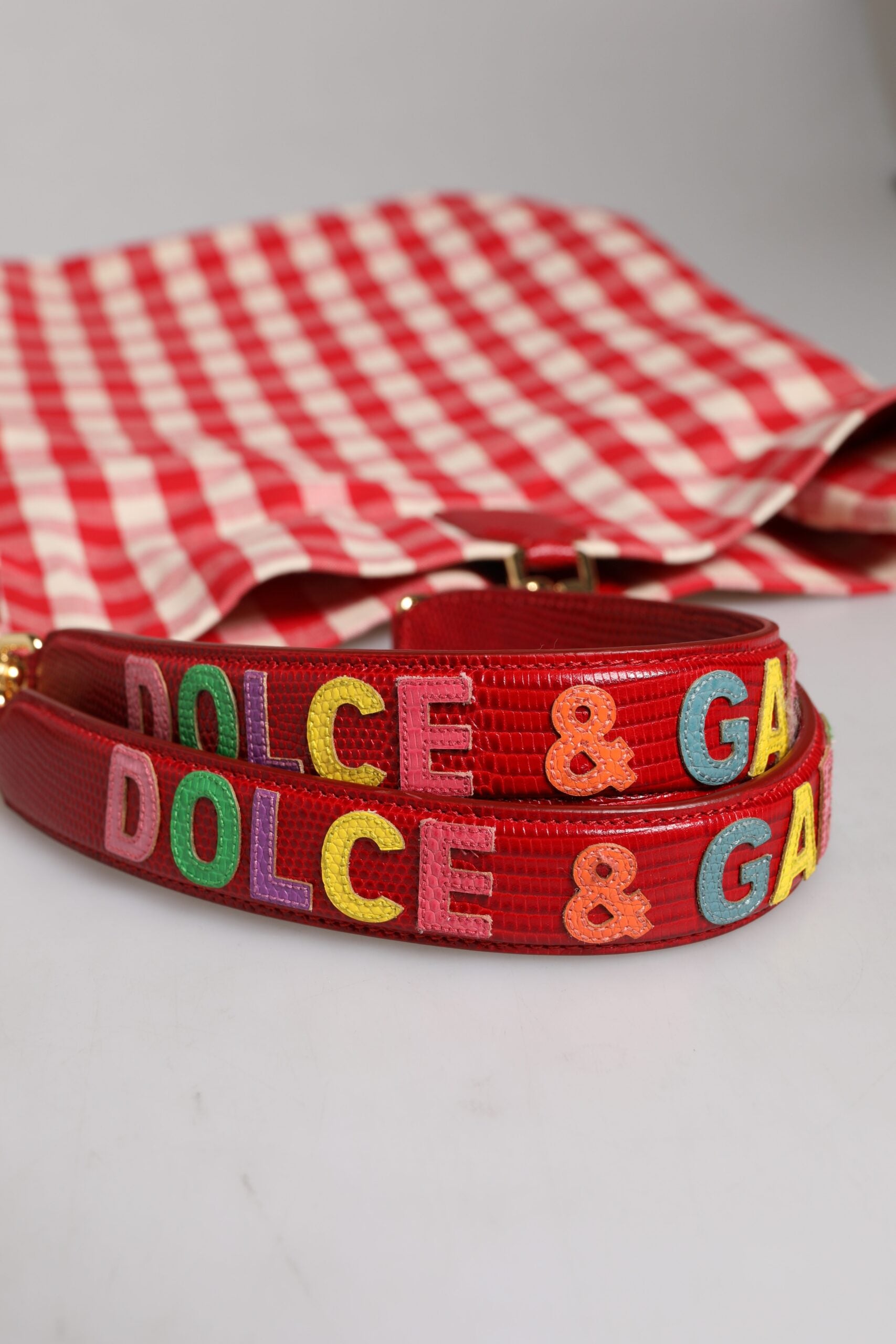 Dolce & Gabbana Red Cotton Checkered Embellished Shopping Tote Bag