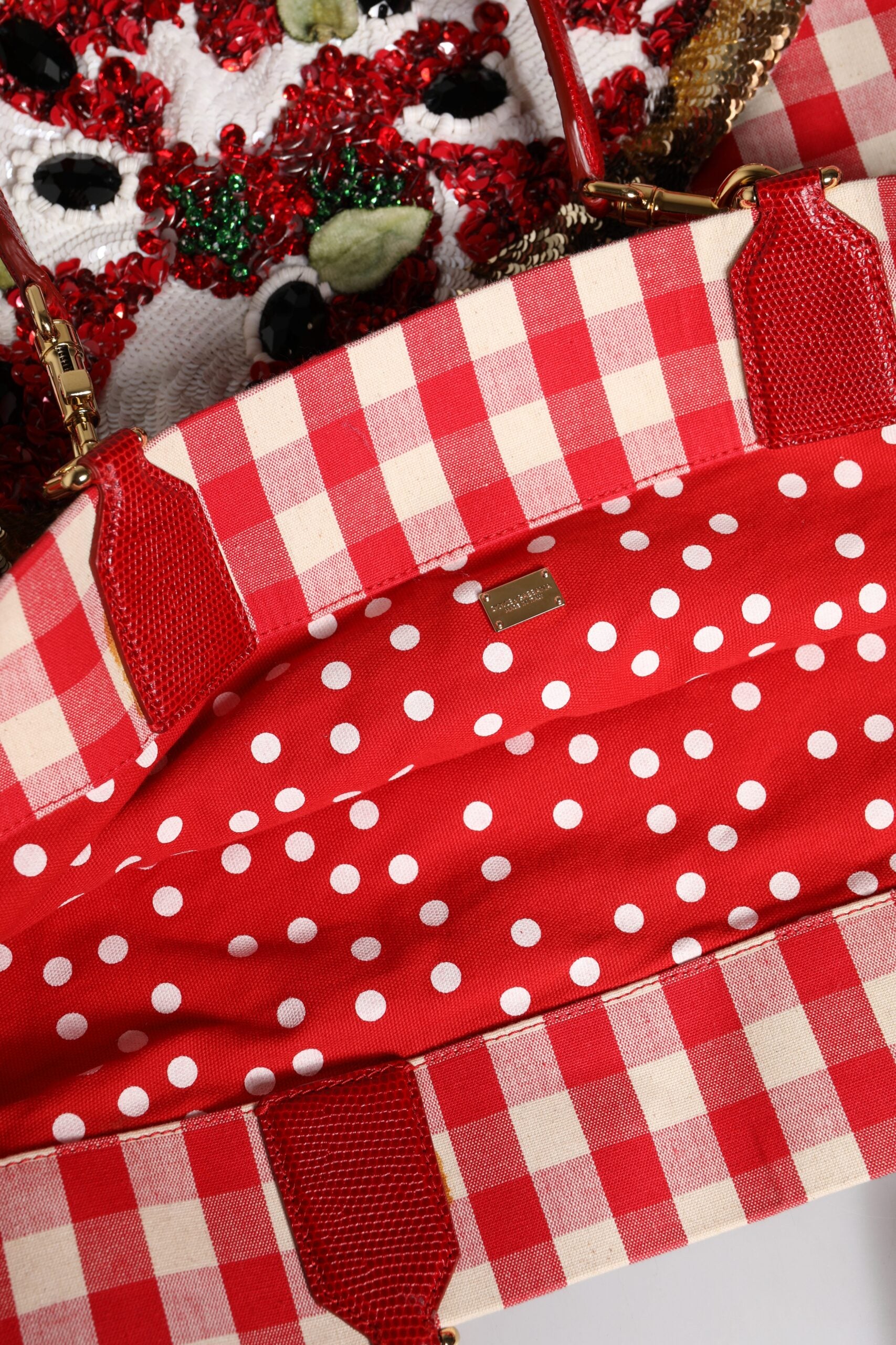 Dolce & Gabbana Red Cotton Checkered Embellished Shopping Tote Bag