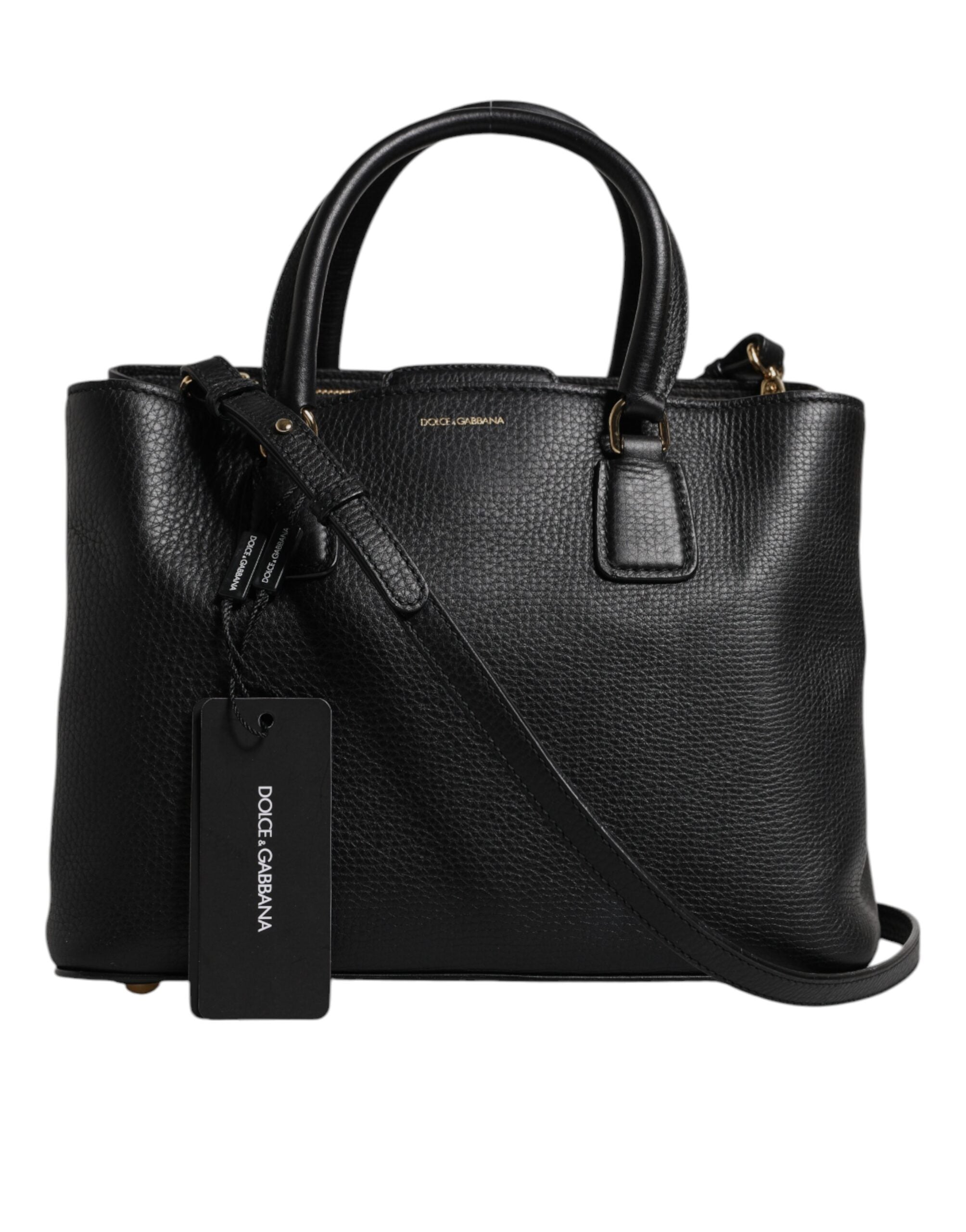 Dolce & Gabbana Black Leather Calf Logo Plaque Shoulder Handbag Bag