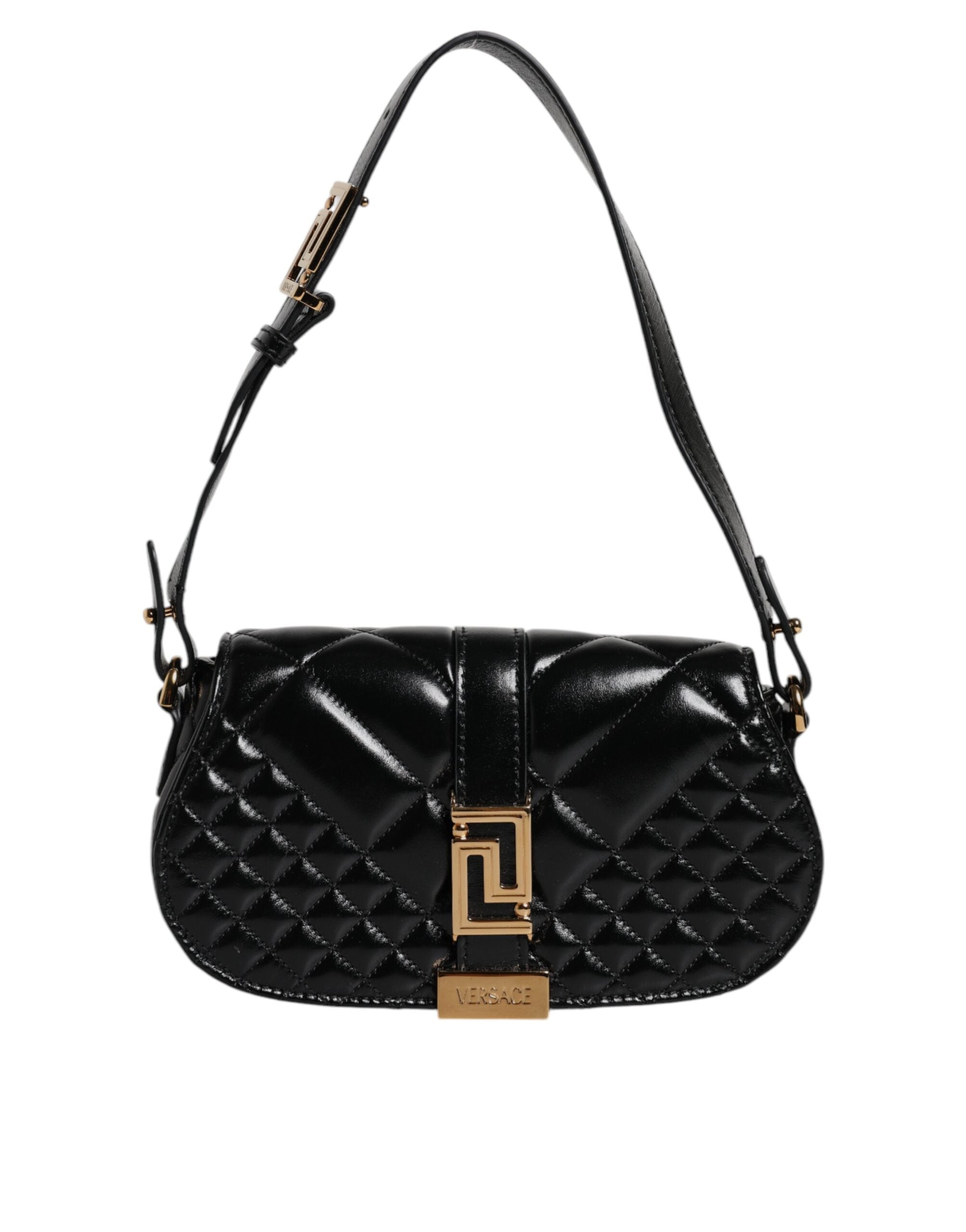 Versace Black Leather Calf Quilted Shoulder Strap Bag