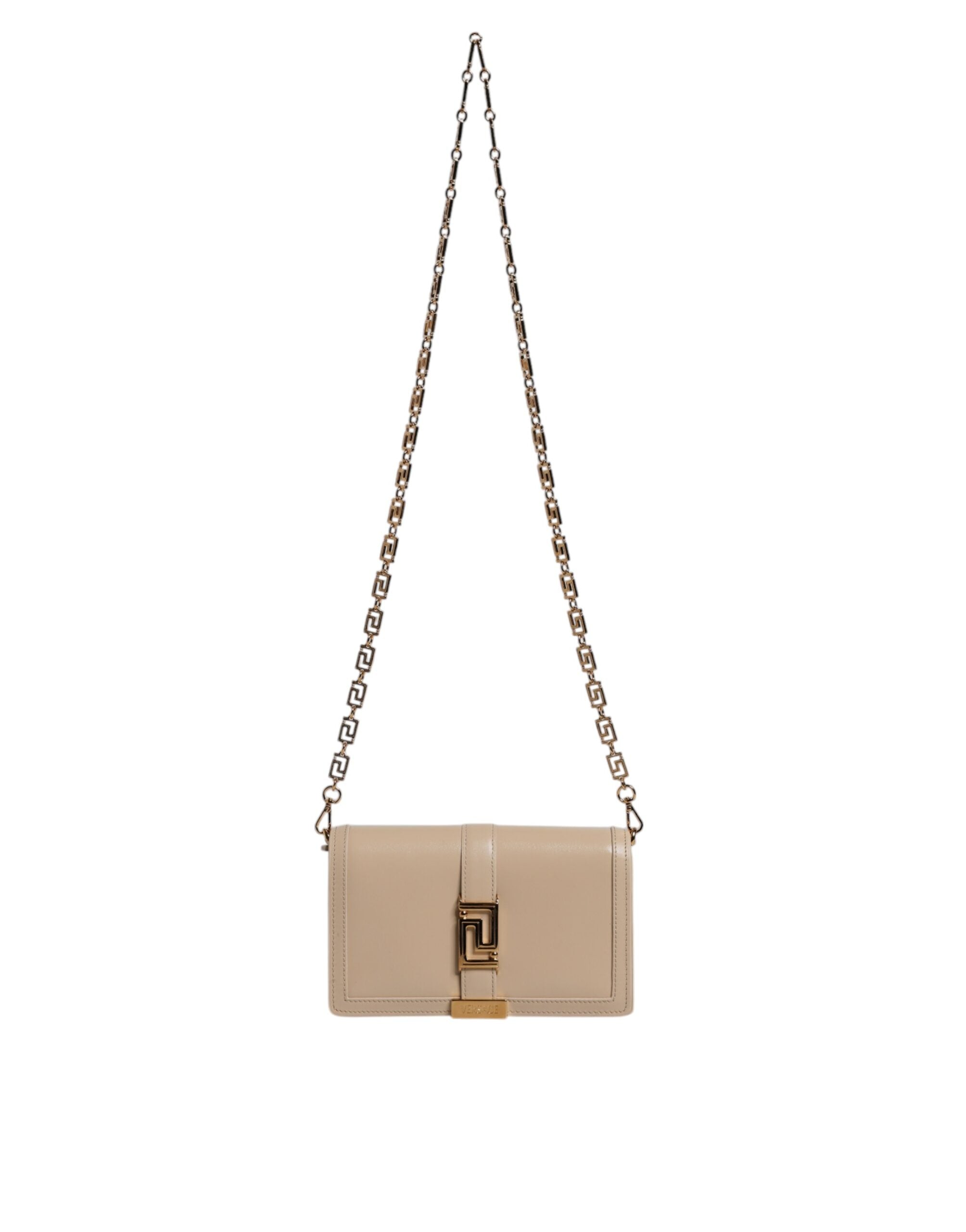 Versace Beige Leather Gold Chain Calf Wallet Crossbody Bag