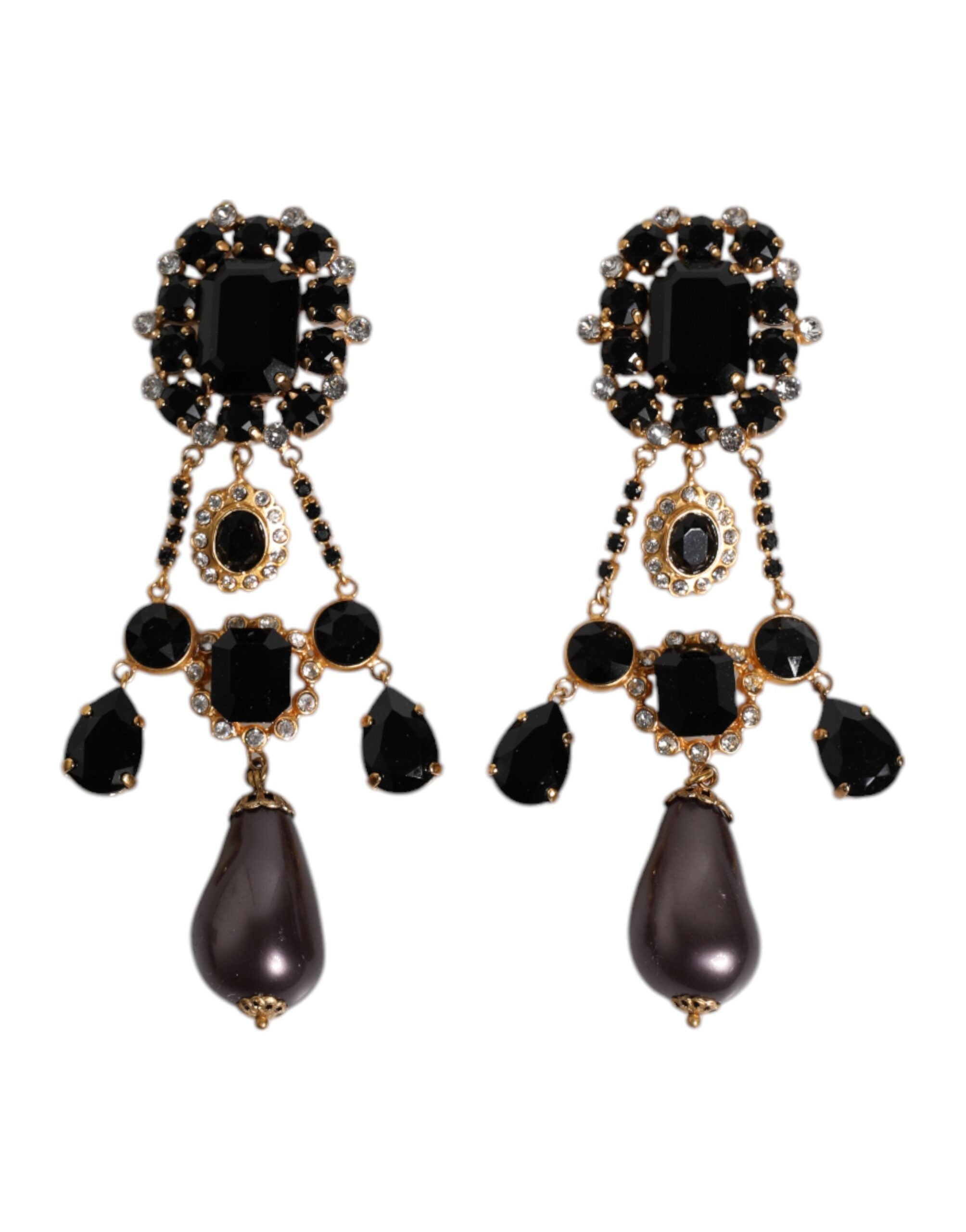 Dolce & Gabbana Black Gold Tone Brass Crystal Clip On Dangling Earrings