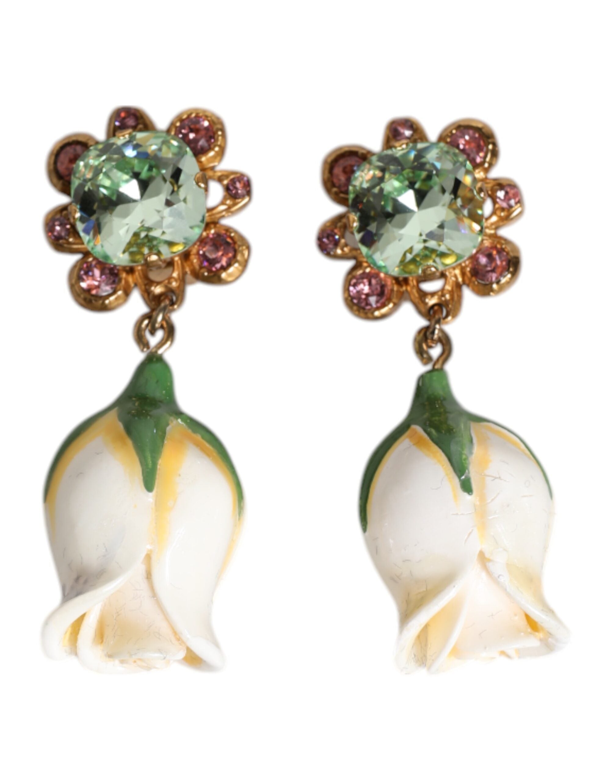 Dolce & Gabbana White Brass Flower Bloom Crystal Clip Dangling Earrings
