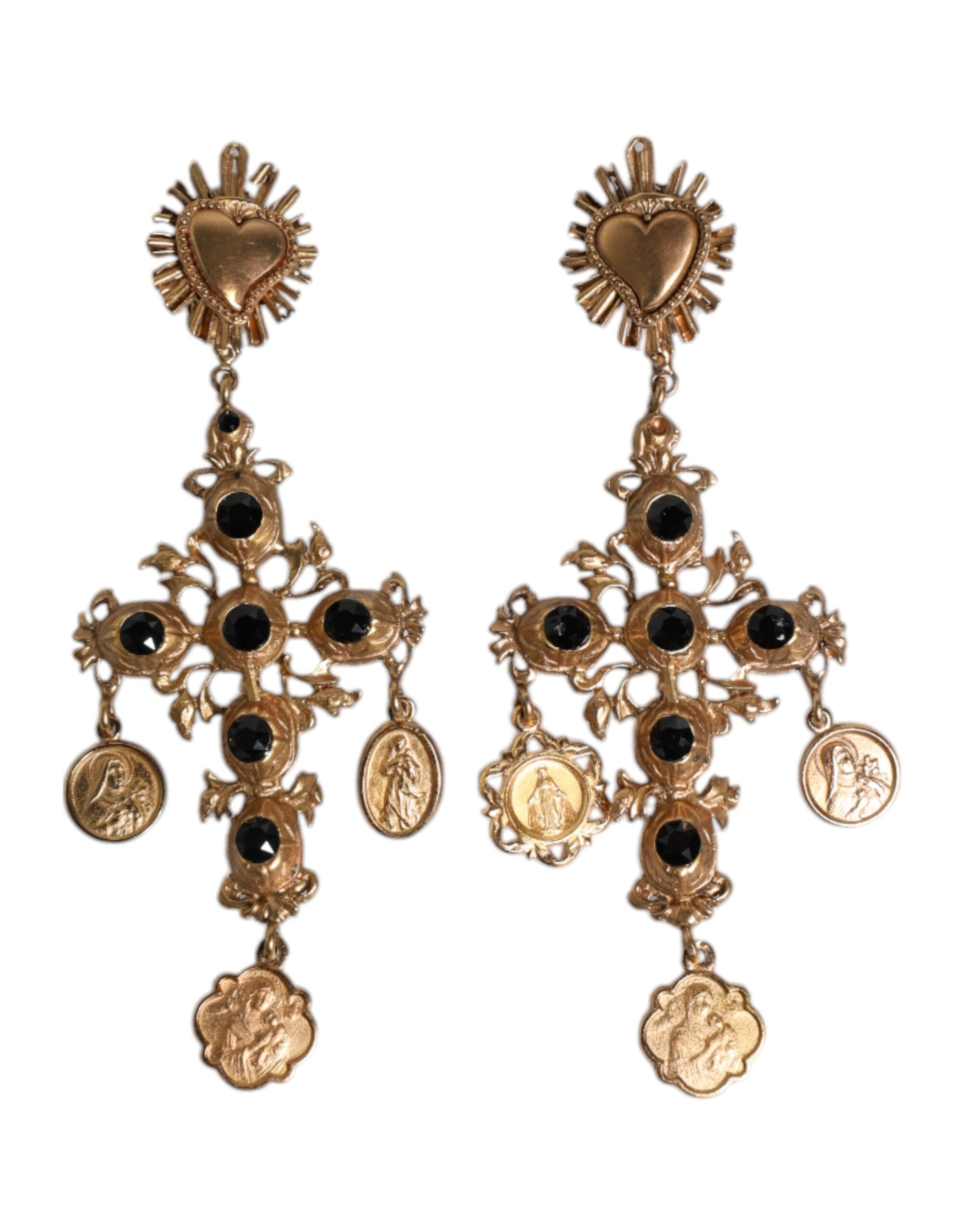 Dolce & Gabbana Black Gold Crystal Cross Sacred Heart Dangling Earrings