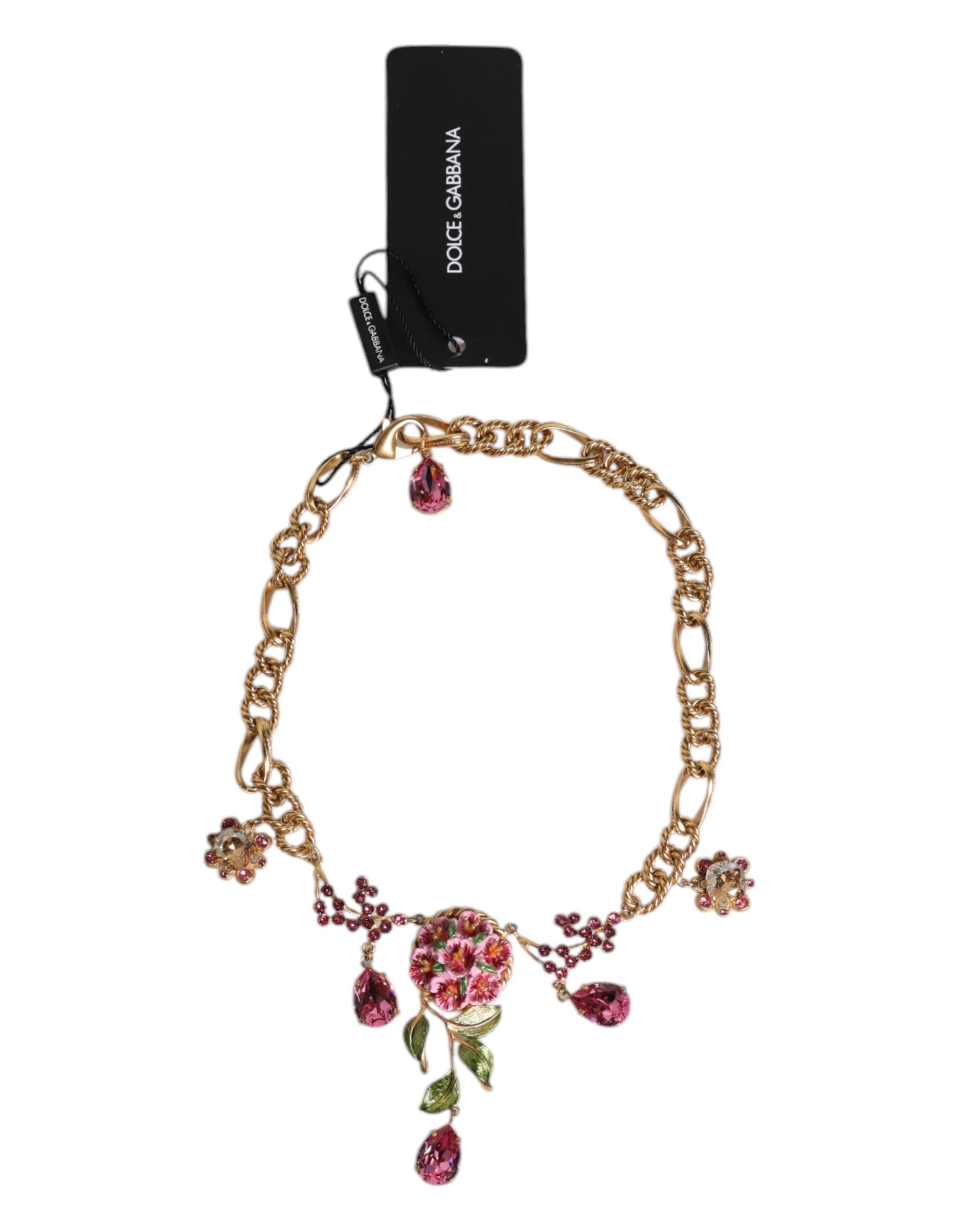 Dolce & Gabbana Gold Multicolor Floral Decor Crystal Brass Chain Necklace
