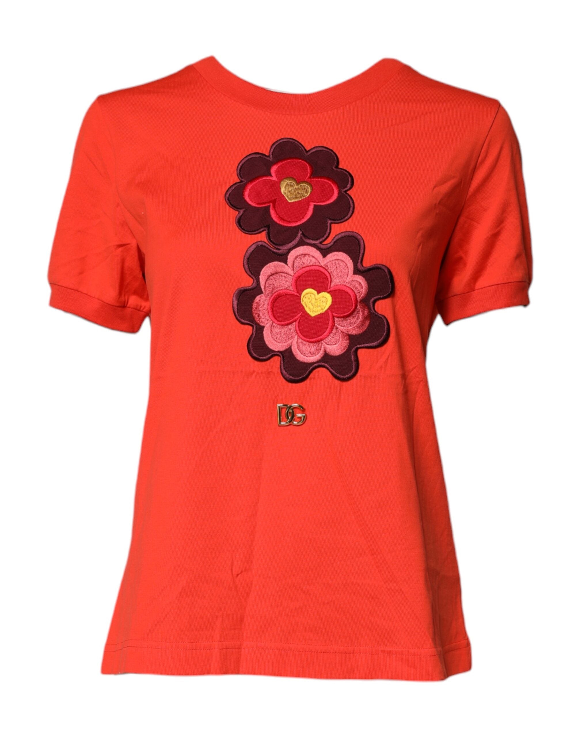 Dolce & Gabbana Red Cotton Floral Embroidery Crew Neck T-Shirt