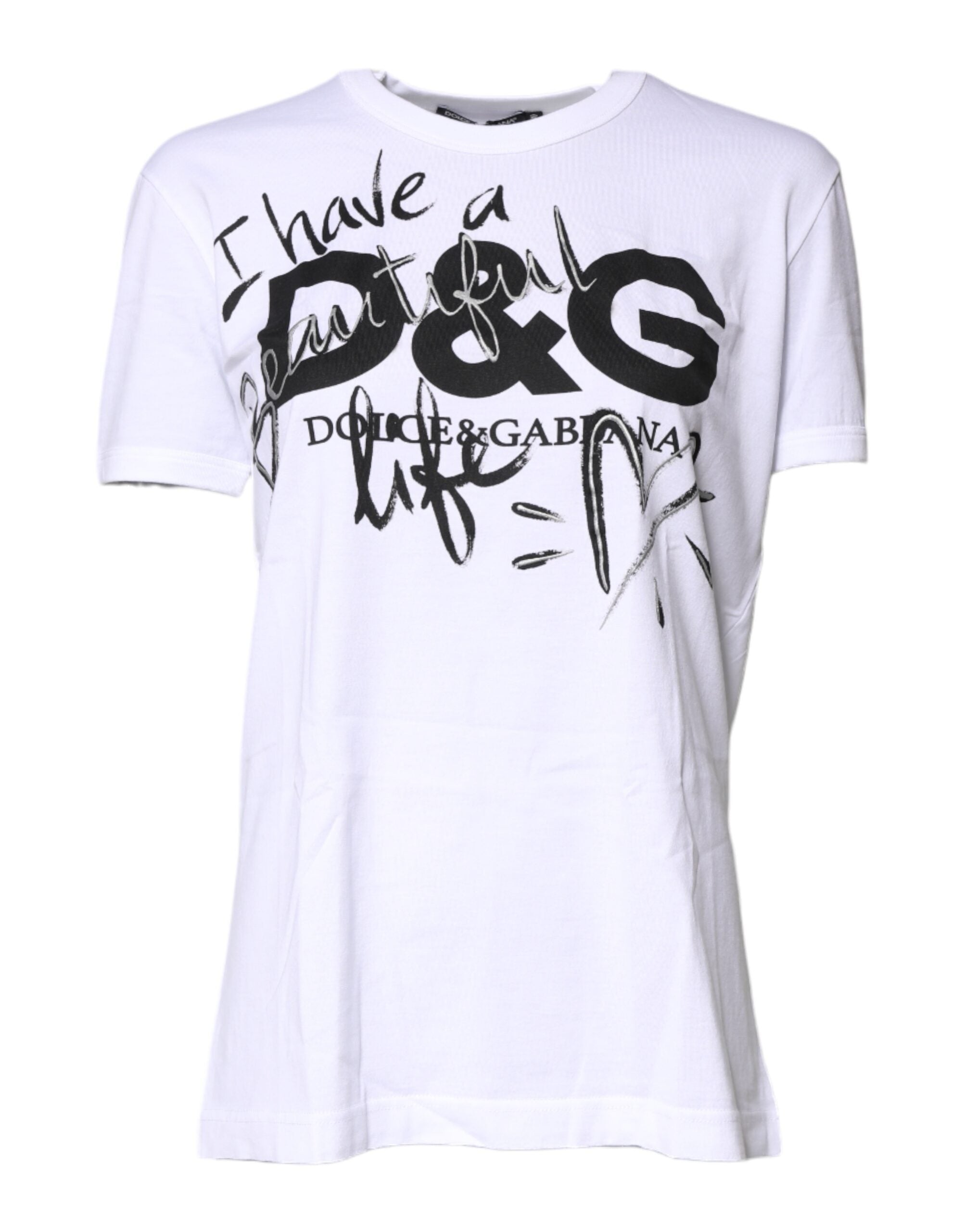 Dolce & Gabbana White Cotton Printed Round Neck Top T-Shirt