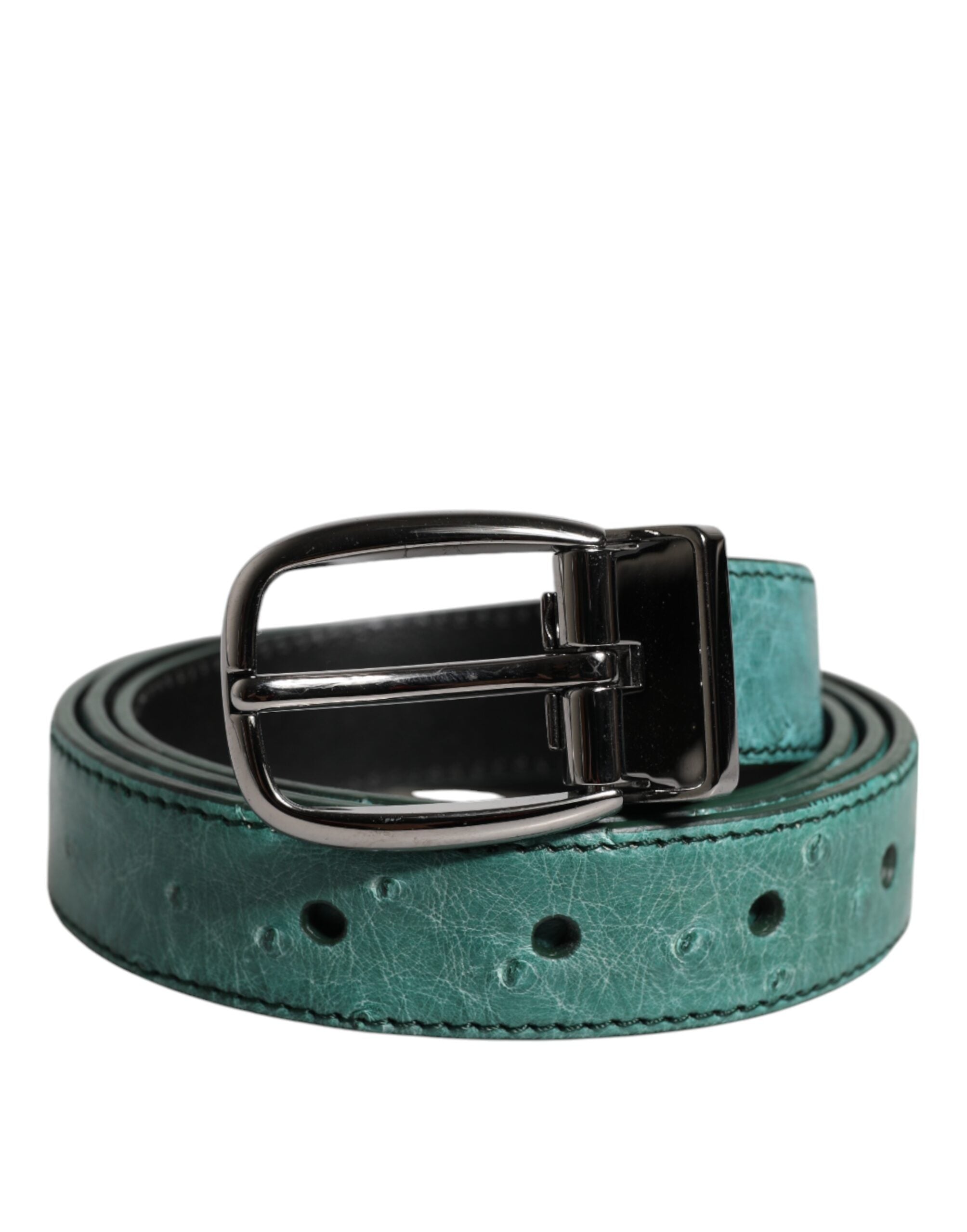 Dolce & Gabbana Green Leather Ostrich Silver Metal Buckle Belt