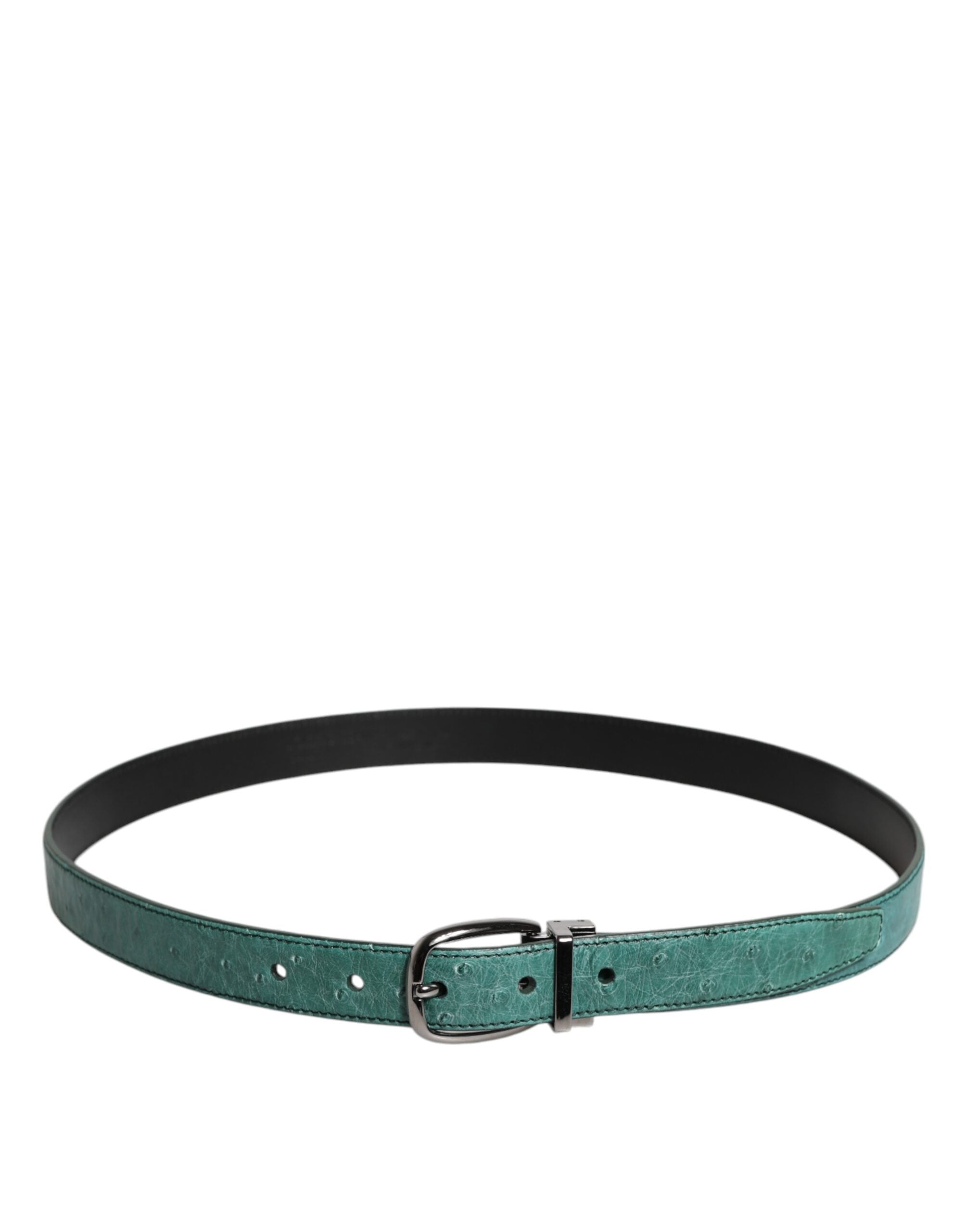 Dolce & Gabbana Green Leather Ostrich Silver Metal Buckle Belt