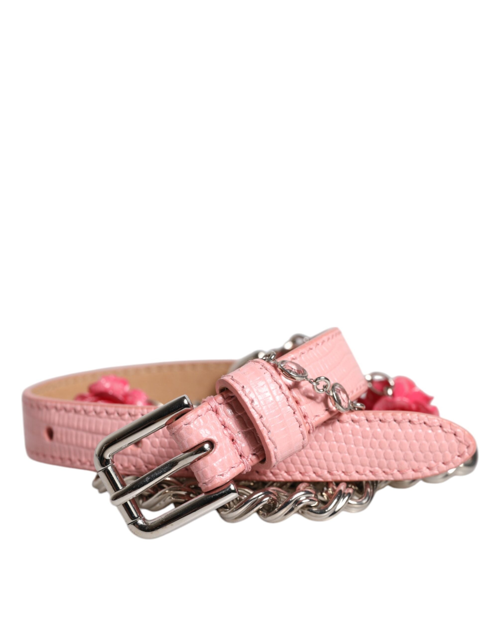Dolce & Gabbana Pink Leather Embelished Roses Textured Belt