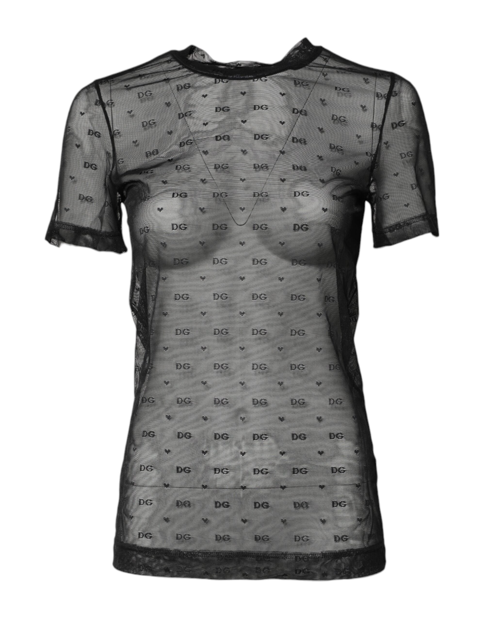 Dolce & Gabbana Black Nylon Sheer Logo Monogram Crew Neck Top