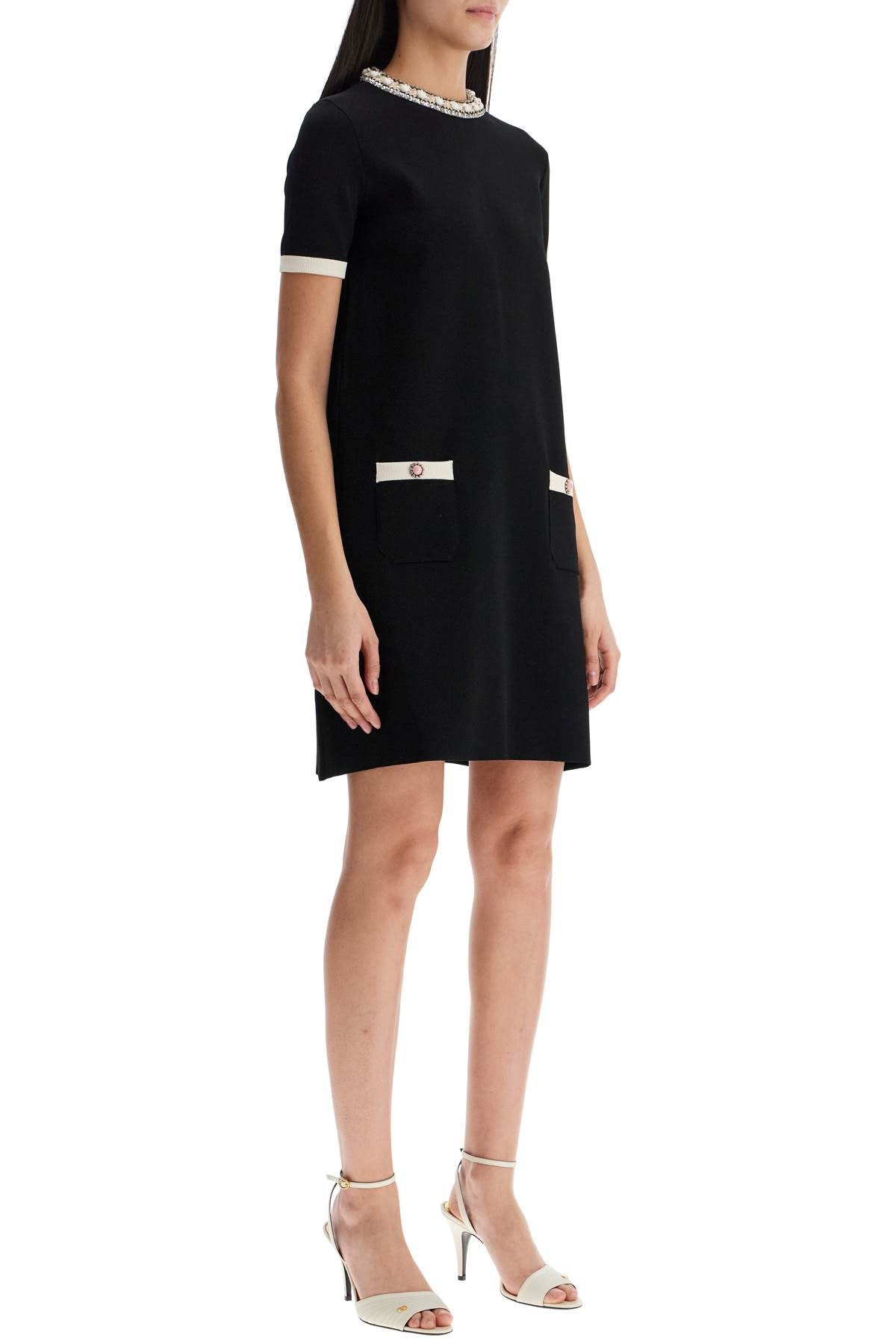Valentino Garavani And Ivory Knit Black Dress With Round Neck In Viscose