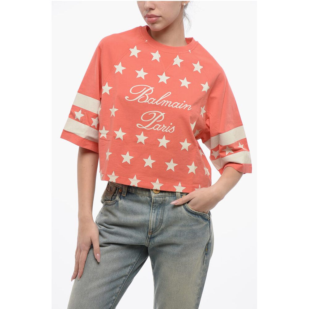 Balmain Cotton Star Cropped Fit T-Shirt With Printed Logo