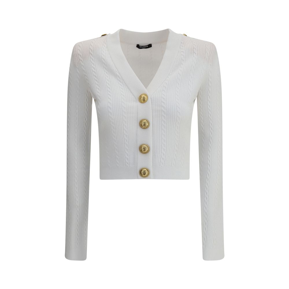 Balmain Ls Buttoned V Neck Torsade Knit Cardigan