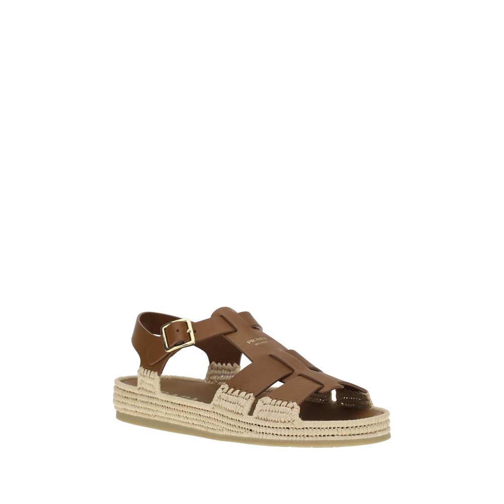 Prada Leather And Raffia Sandals