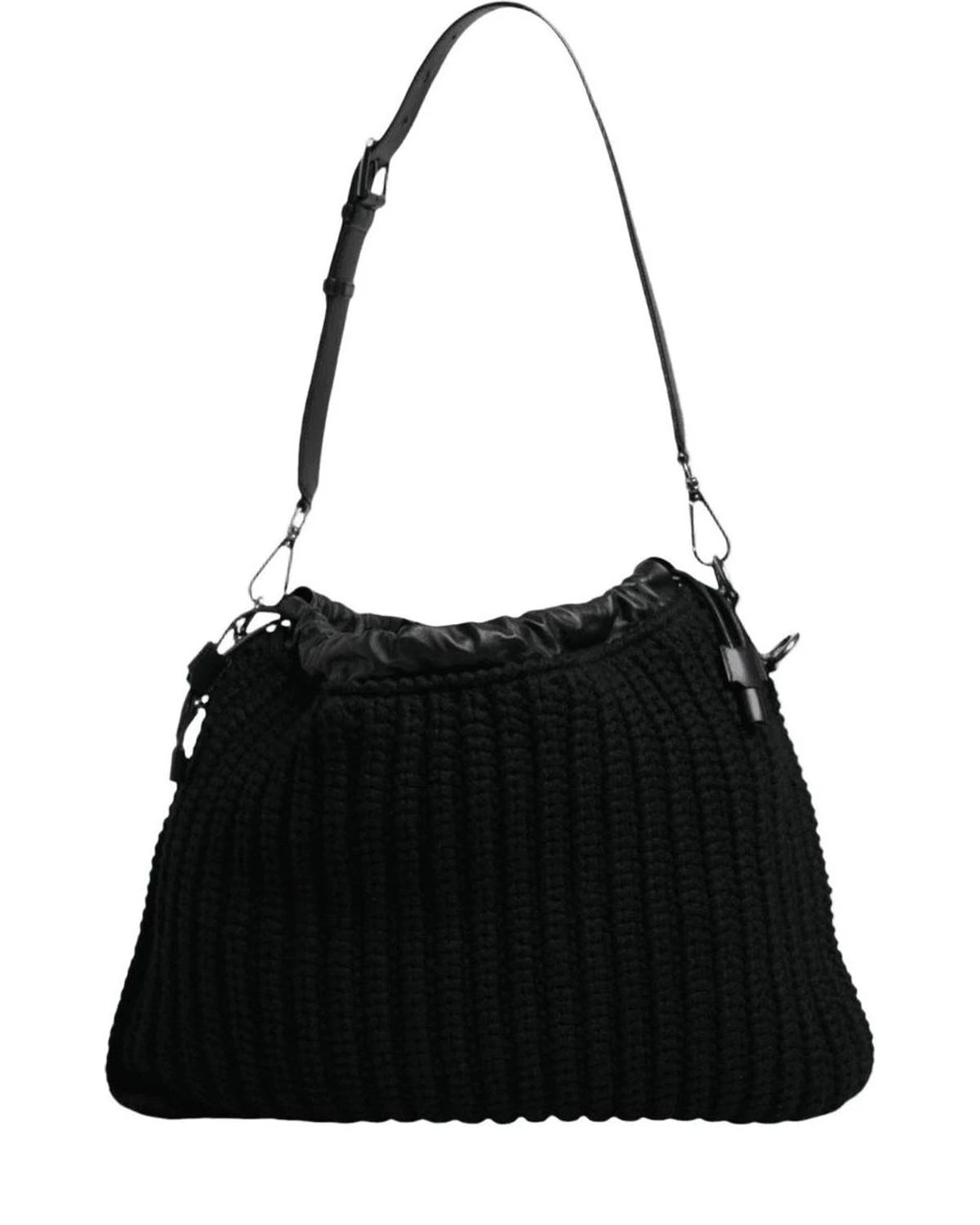 Dolce & Gabbana Black Cashmere Knitted Leather Shoulder Bag Shoulder Bags