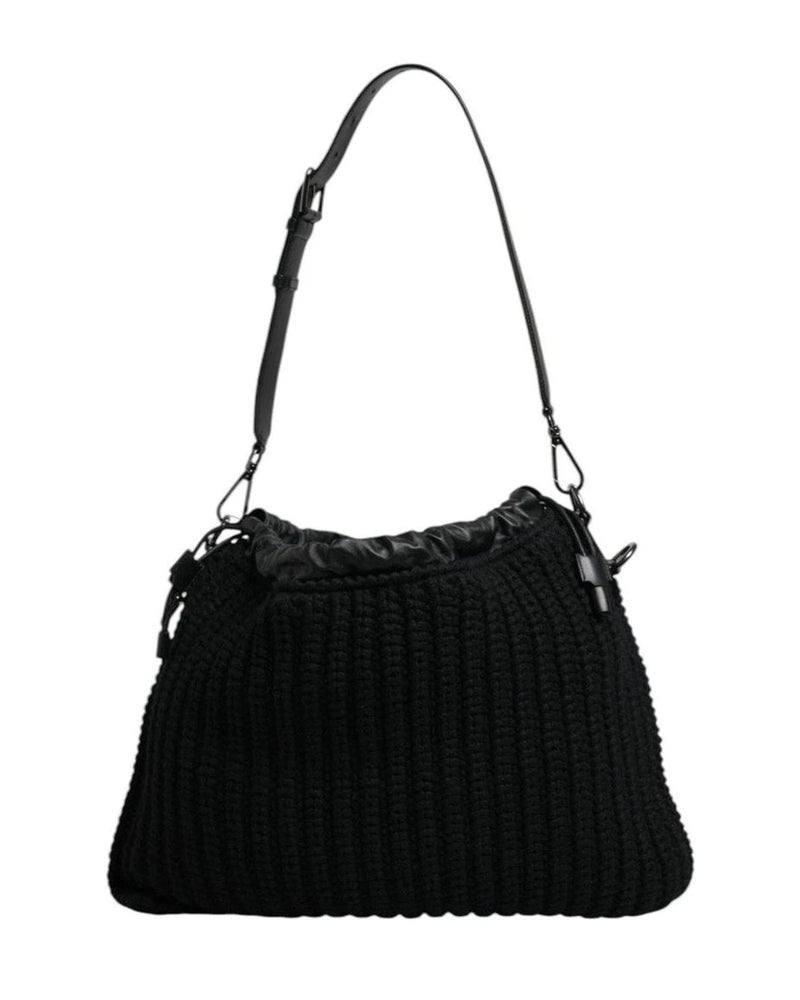 Dolce & Gabbana Black Cashmere Knitted Leather Shoulder Bag Shoulder Bags